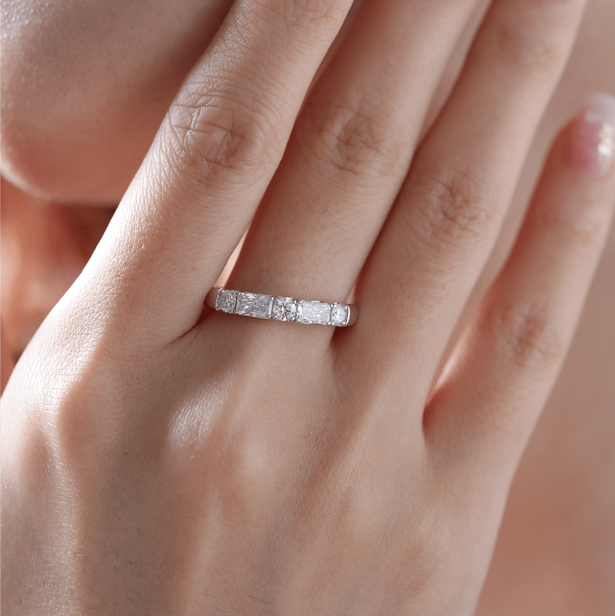 14K White Gold Round and Radiant Cut Lab Diamond 5 Stone Half Eternity Ring - MMR