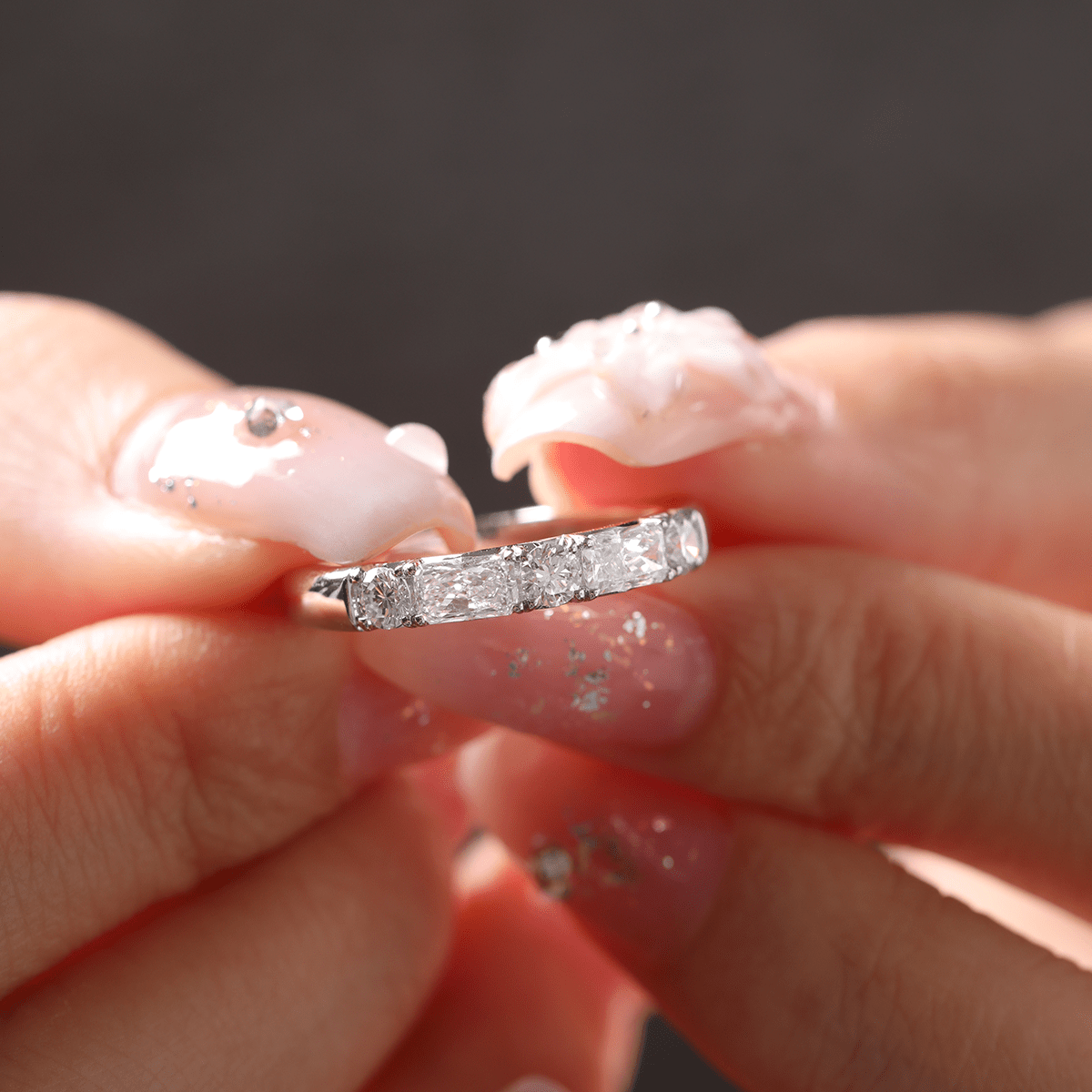 14K White Gold Round and Radiant Cut Lab Diamond 5 Stone Half Eternity Ring - MMR