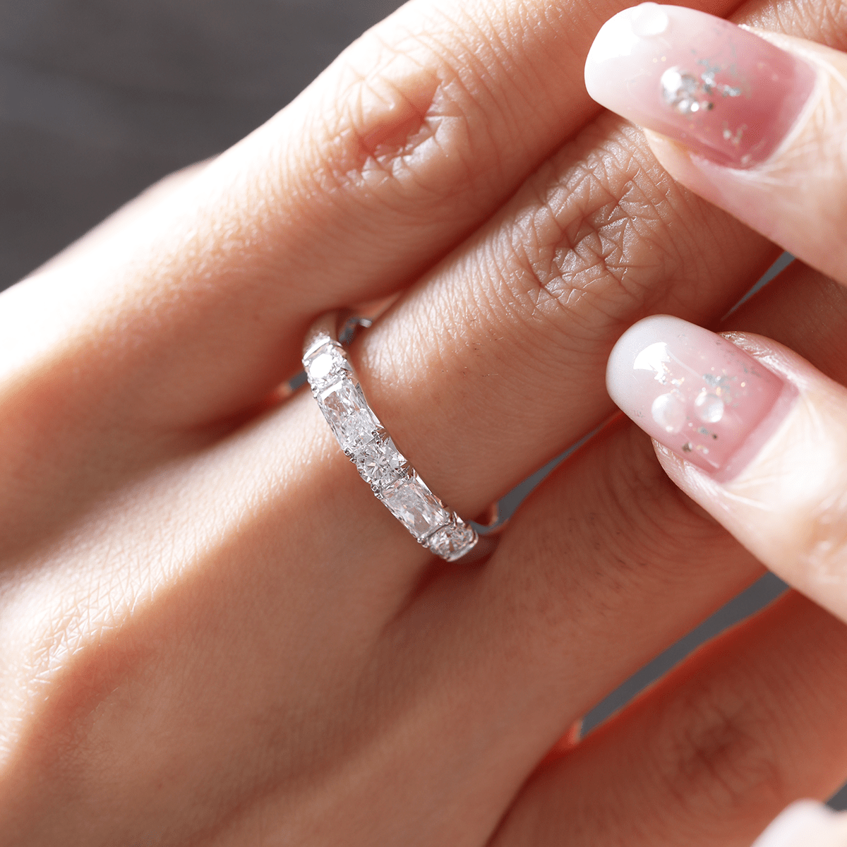 14K White Gold Round and Radiant Cut Lab Diamond 5 Stone Half Eternity Ring - MMR