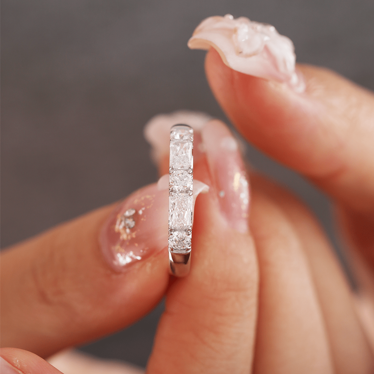 14K White Gold Round and Radiant Cut Lab Diamond 5 Stone Half Eternity Ring - MMR