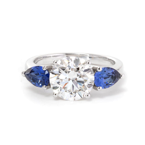 14K White Gold Three Stone Pear Shaped Blue Sapphire Engagement Ring (Ring Setting Only)