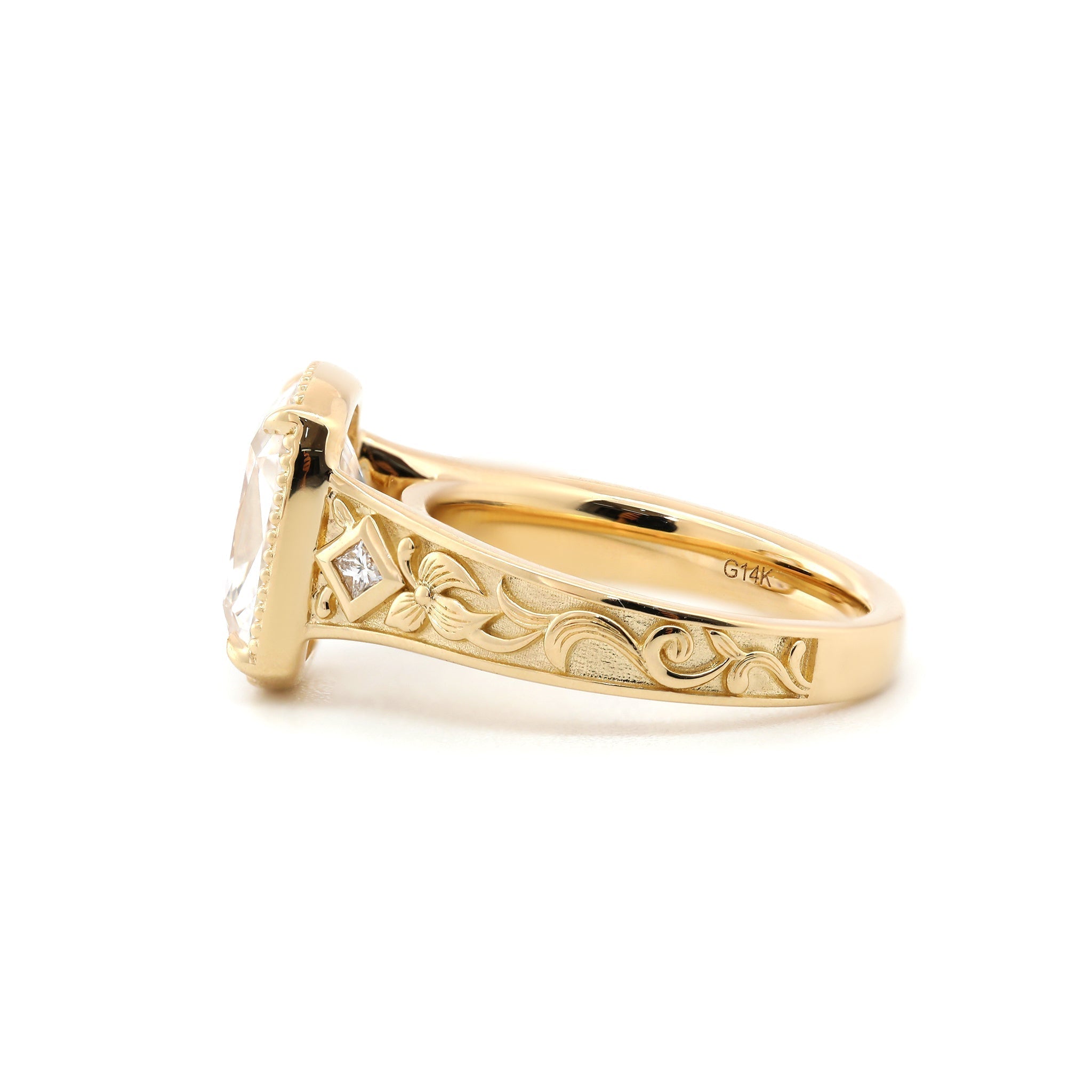 14K Yellow 3.7CT Cushion Old Mine Cut Lab Diamond Beaded Bezel Set Hand - Engraved Motif Band Ring - MMR