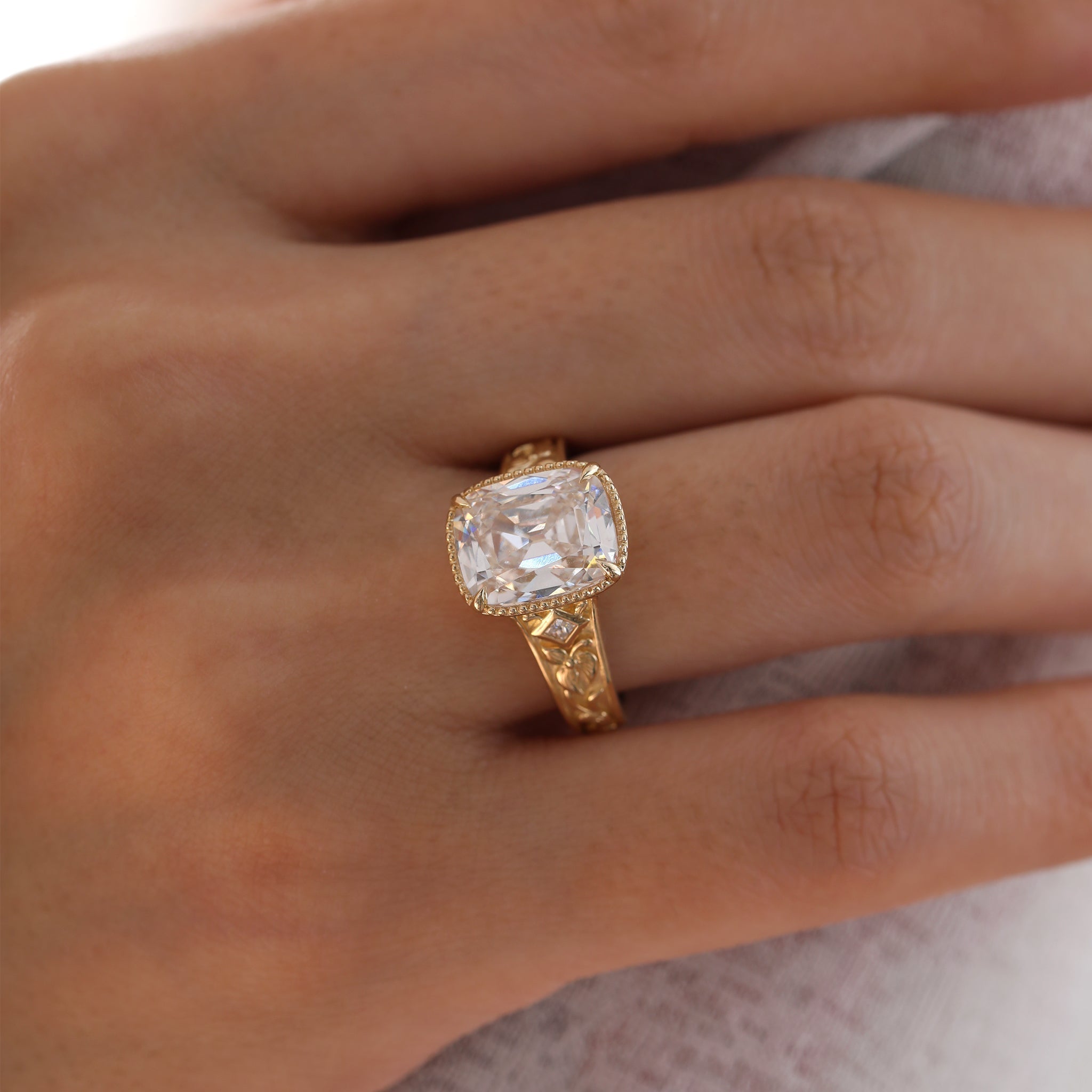 14K Yellow 3.7CT Cushion Old Mine Cut Lab Diamond Beaded Bezel Set Hand - Engraved Motif Band Ring - MMR