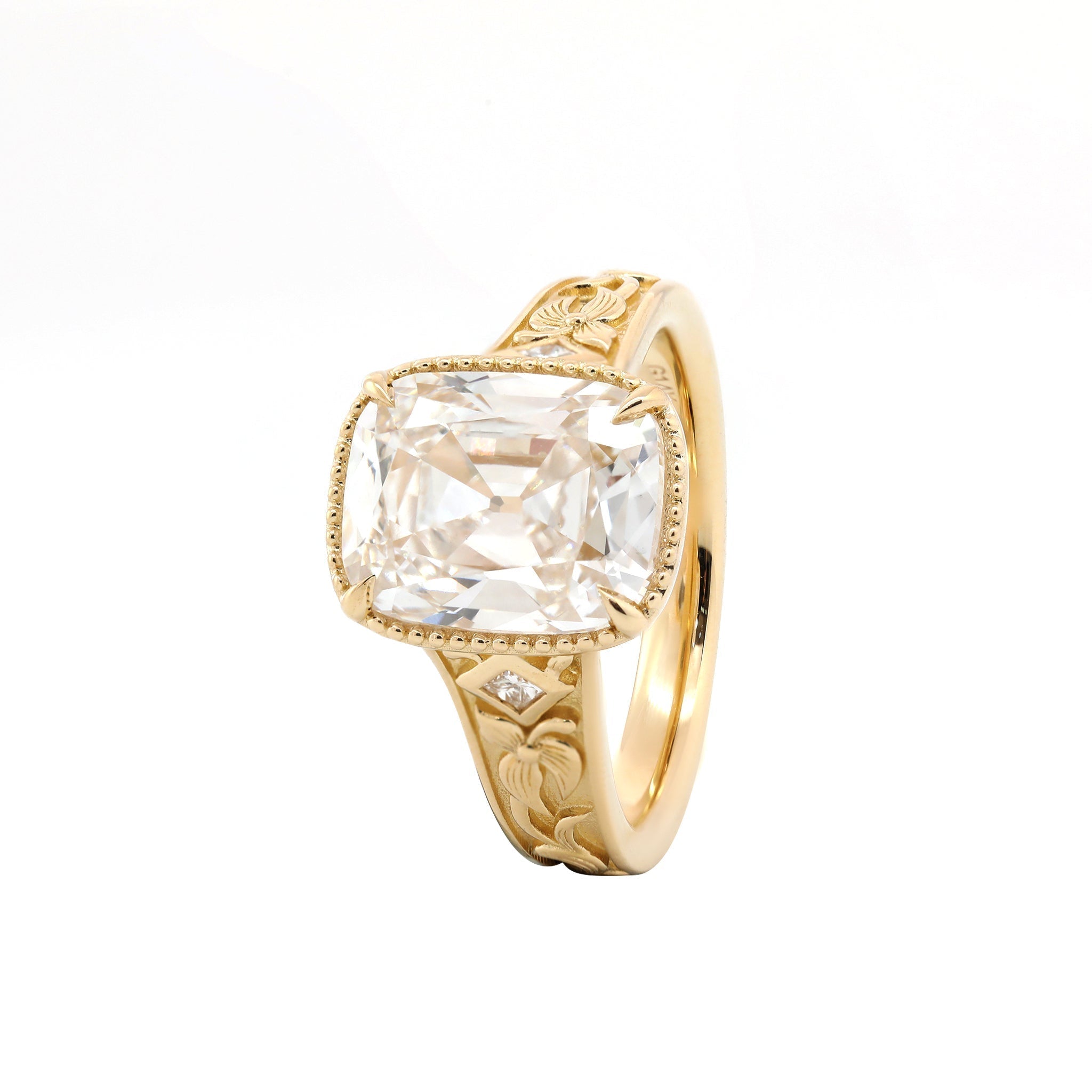 14K Yellow 3.7CT Cushion Old Mine Cut Lab Diamond Beaded Bezel Set Hand - Engraved Motif Band Ring - MMR