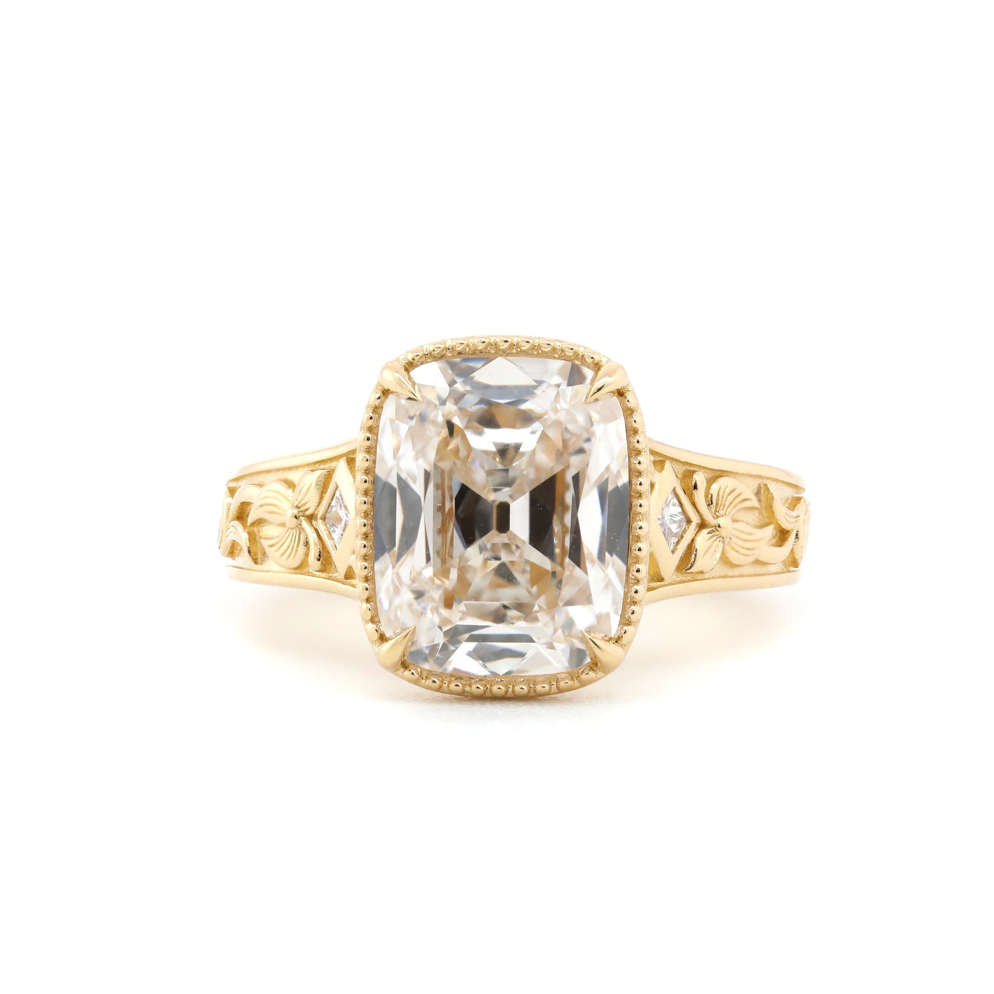 14K Yellow 3.7CT Cushion Old Mine Cut Lab Diamond Beaded Bezel Set Hand - Engraved Motif Band Ring - MMR