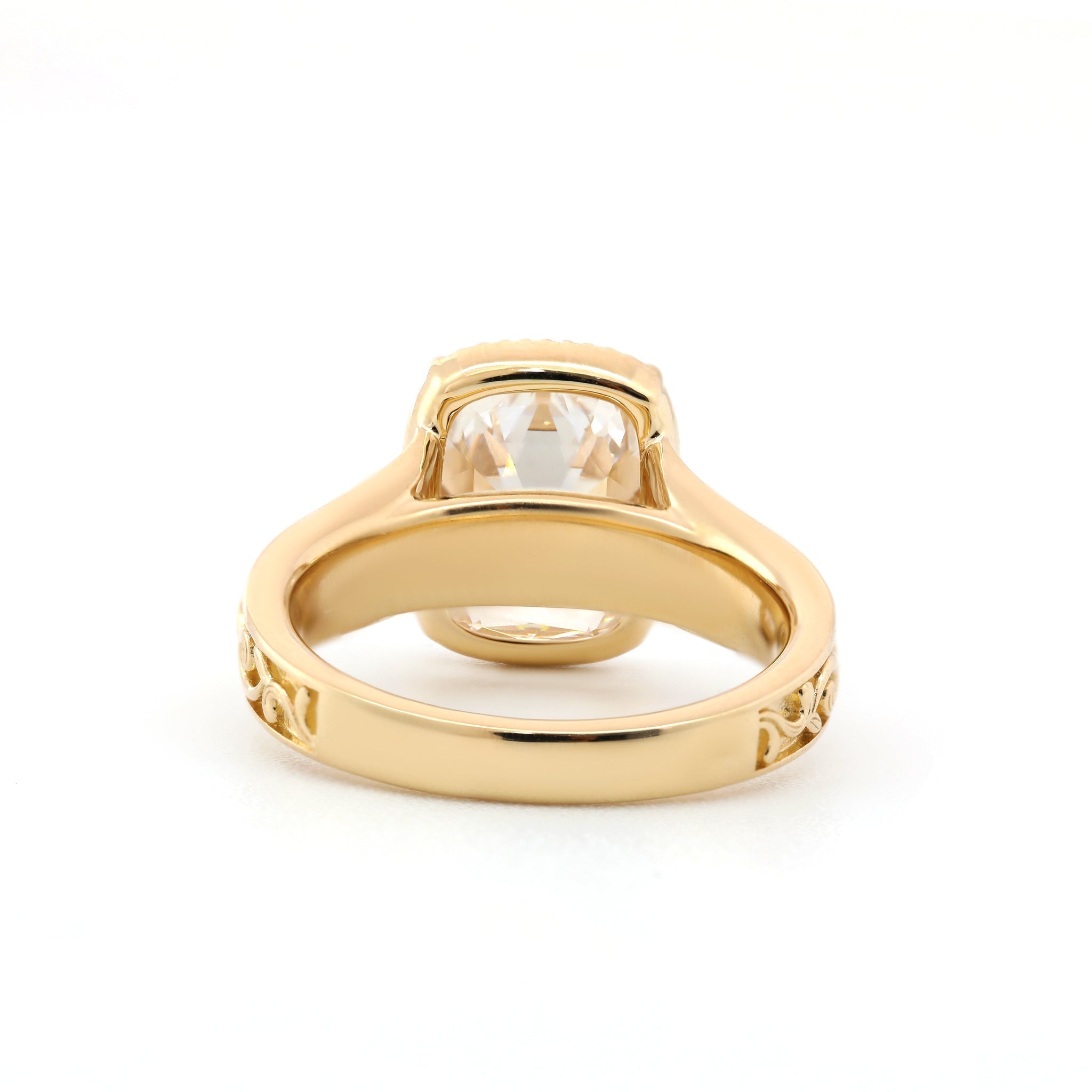 14K Yellow 3.7CT Cushion Old Mine Cut Lab Diamond Beaded Bezel Set Hand - Engraved Motif Band Ring - MMR