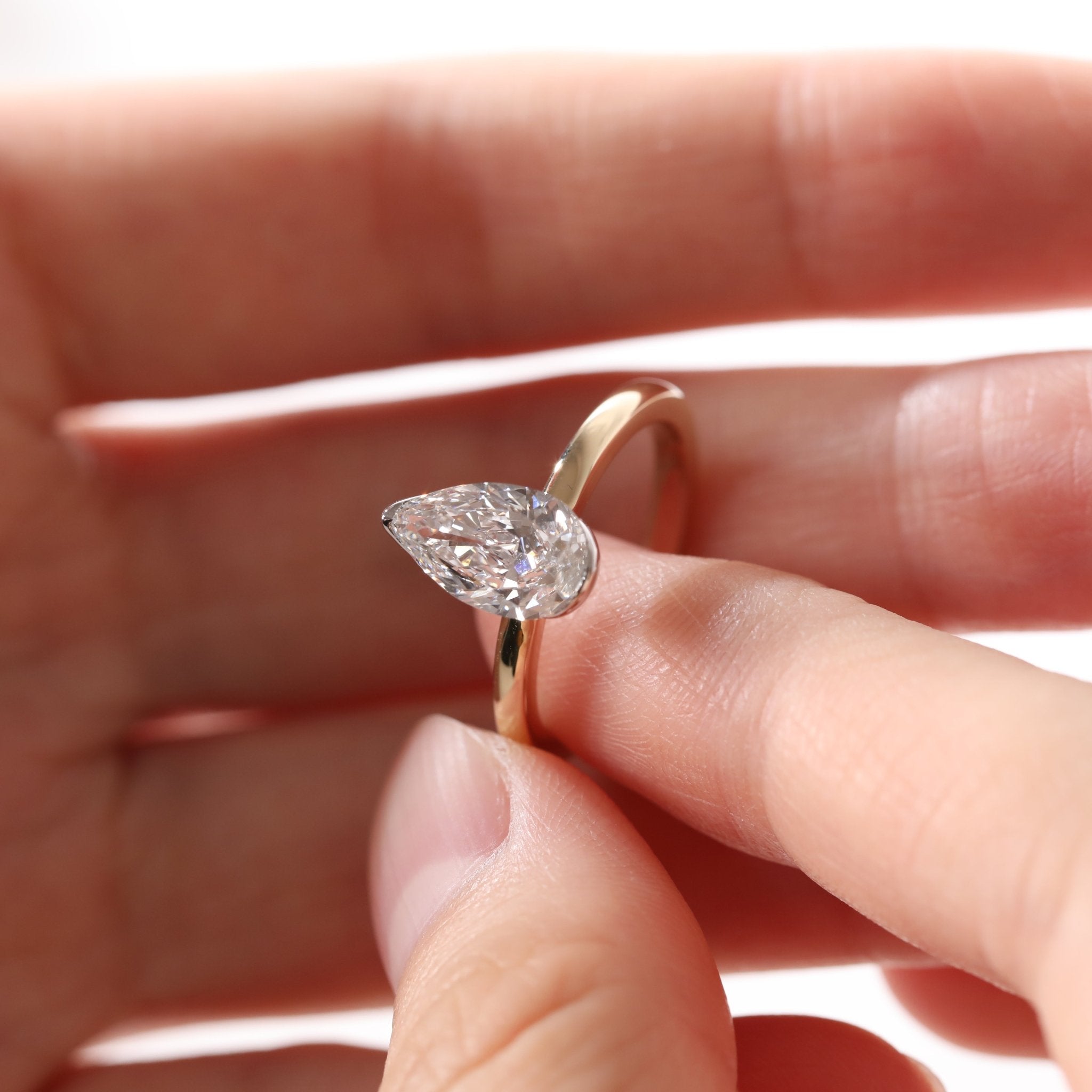 14K Yellow and White Gold 2ct Pear Cut Lab Diamond Half Bezel Solitaire Ring - MMR