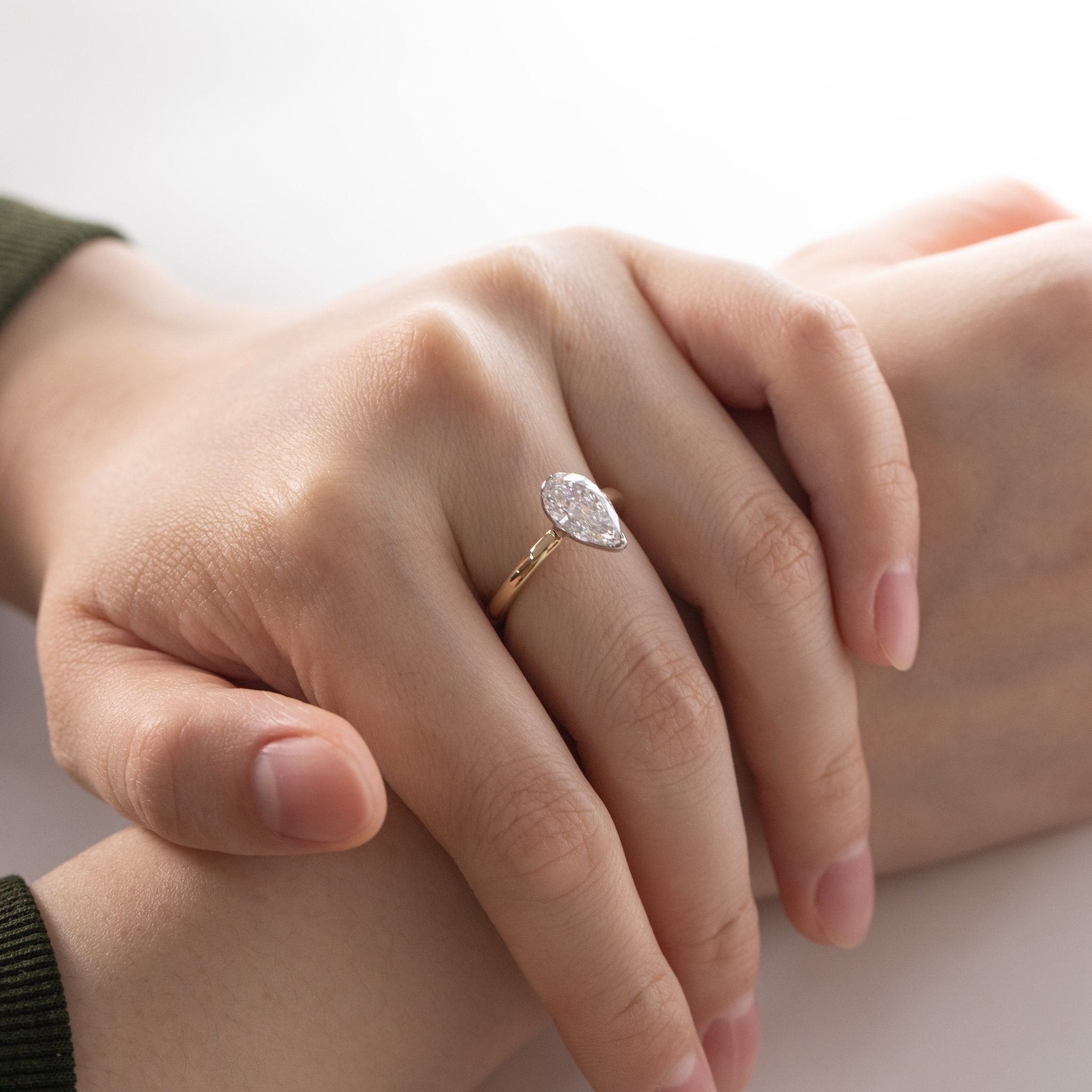 14K Yellow and White Gold 2ct Pear Cut Lab Diamond Half Bezel Solitaire Ring - MMR