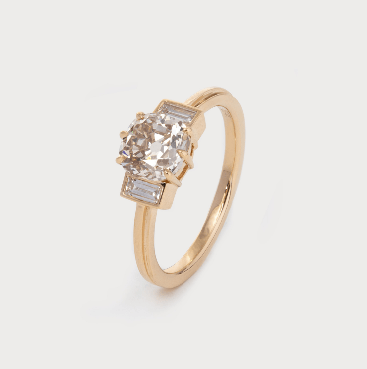 14K Yellow Gold 1.78ct Old European Cut Diamond & Baguette Three-stone Engagement Ring
