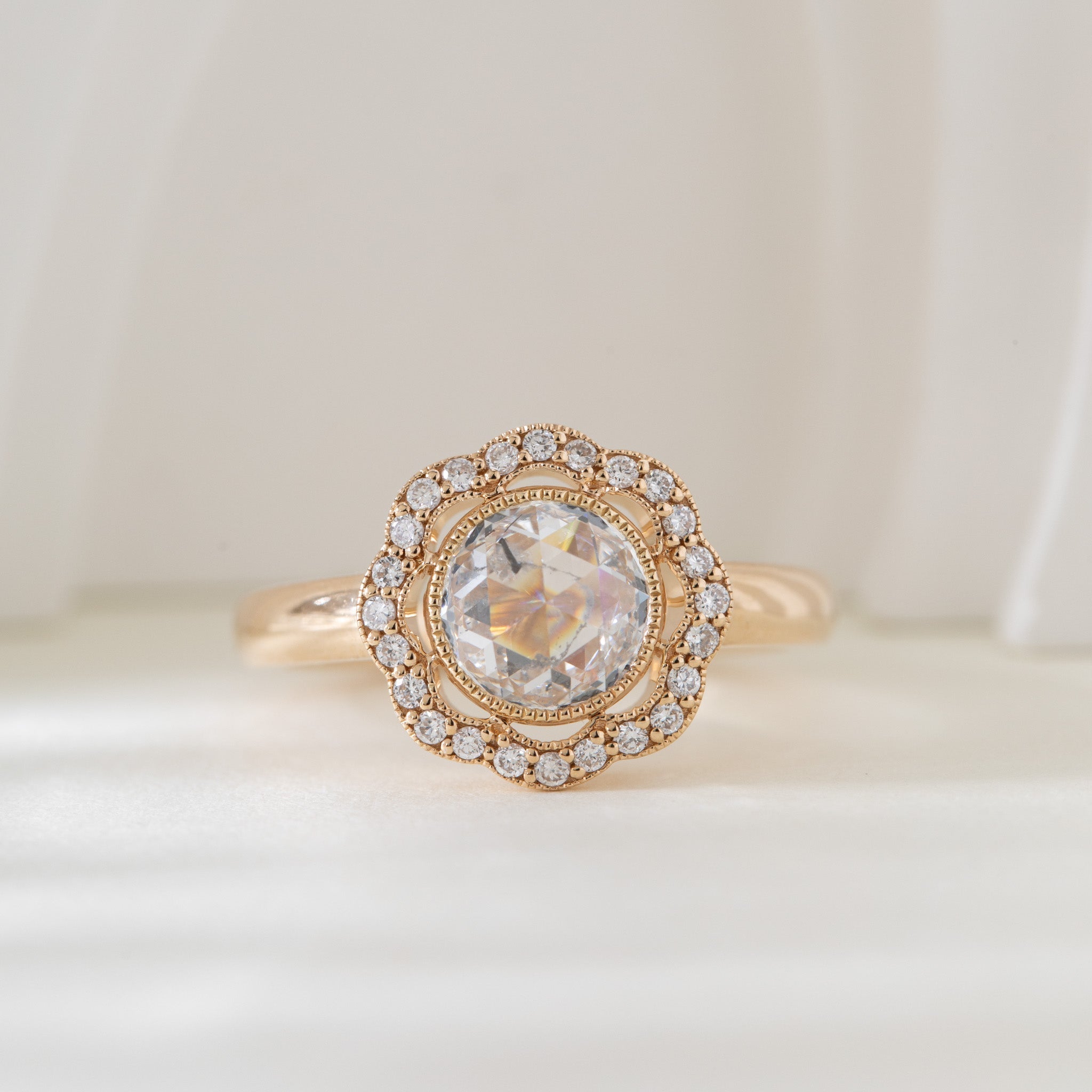 14K Yellow Gold 1.22CT Round Rose Cut Lab Diamond Halo Design Bezel Set Ring - MMR