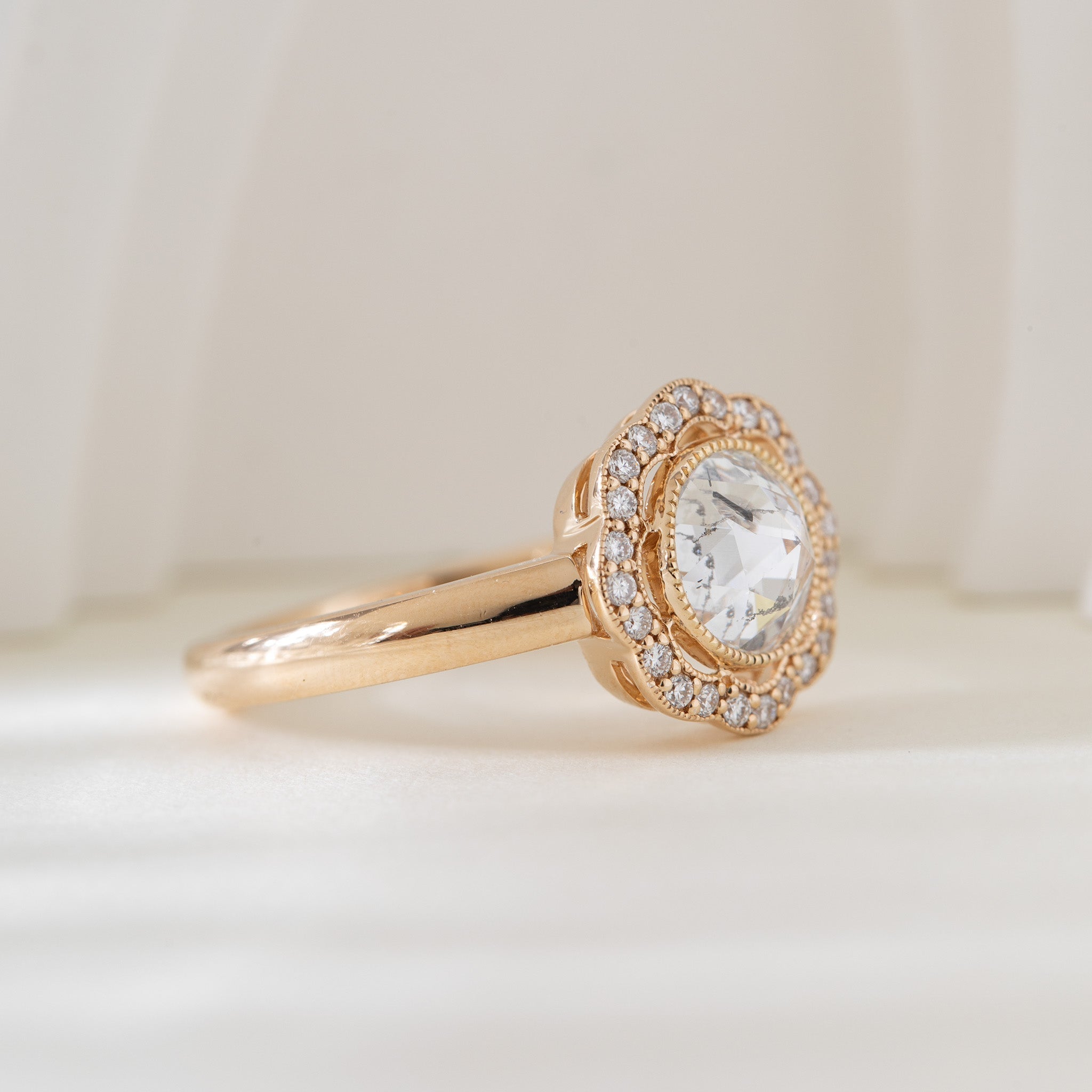 14K Yellow Gold 1.22CT Round Rose Cut Lab Diamond Halo Design Bezel Set Ring - MMR