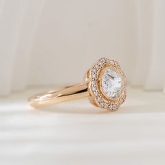 14K Yellow Gold 1.22CT Round Rose Cut Lab Diamond Halo Design Bezel Set Ring - MMR