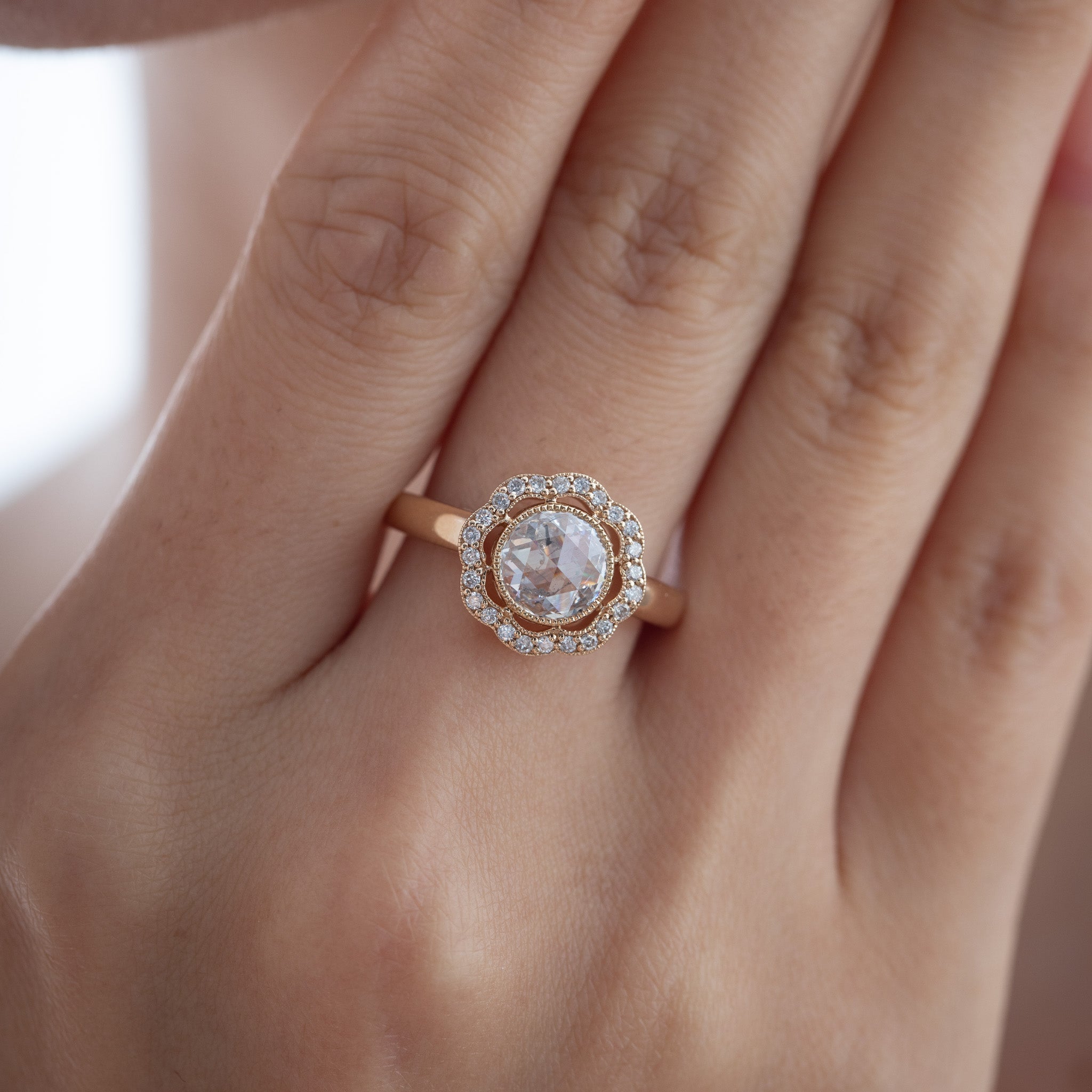 14K Yellow Gold 1.22CT Round Rose Cut Lab Diamond Halo Design Bezel Set Ring - MMR