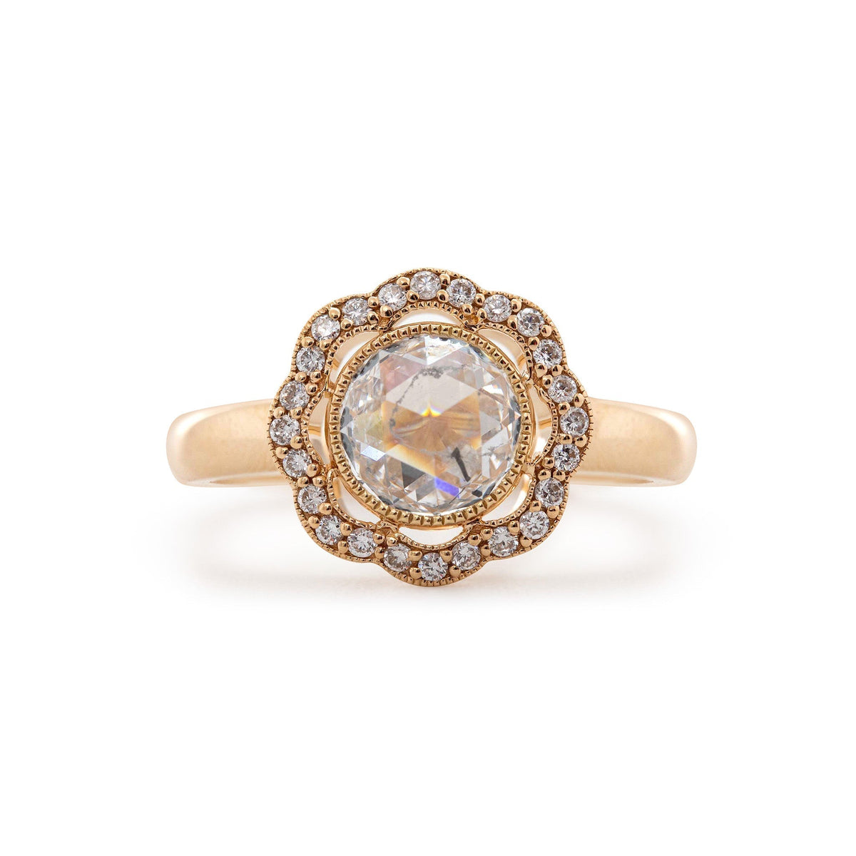 14K Yellow Gold 1.22CT Round Rose Cut Lab Diamond Halo Design Bezel Set Ring - MMR