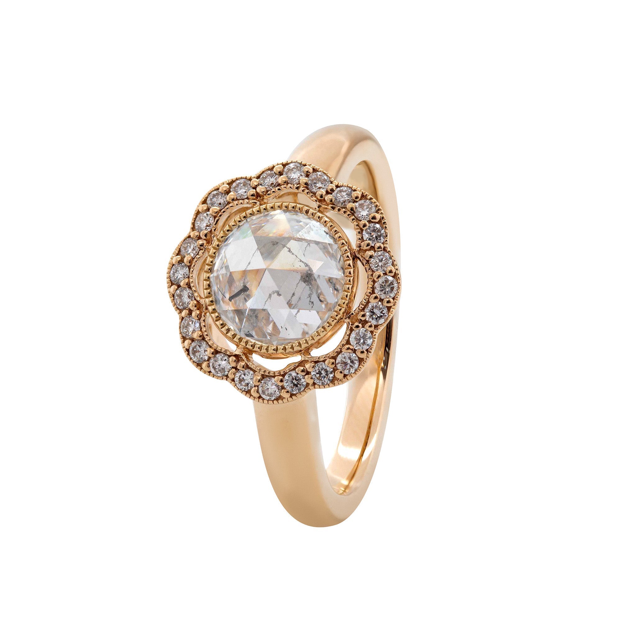 14K Yellow Gold 1.22CT Round Rose Cut Lab Diamond Halo Design Bezel Set Ring - MMR