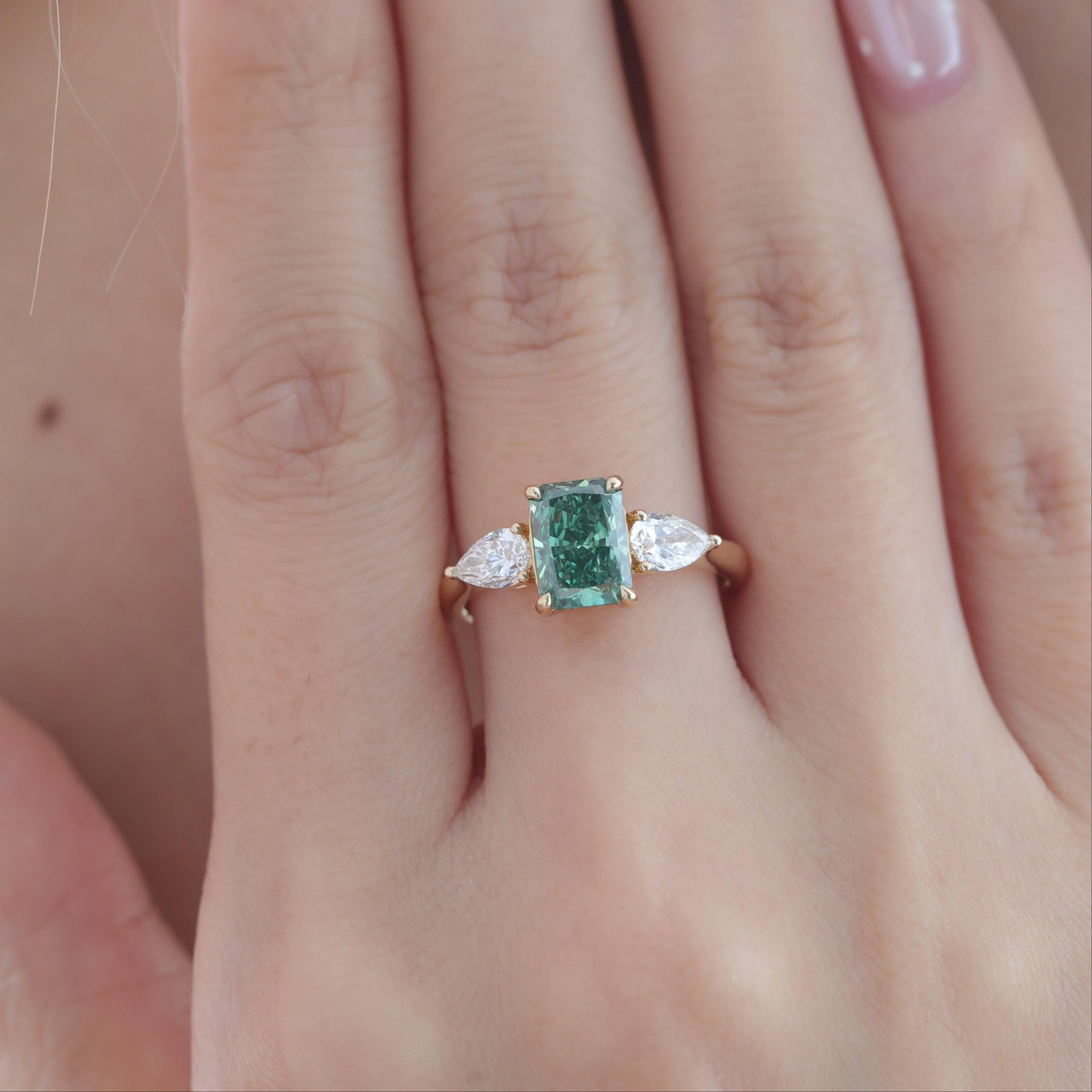 14K Yellow Gold 1.53ct Radiant Cut Green Lab Diamond Three Stone Ring - MMR
