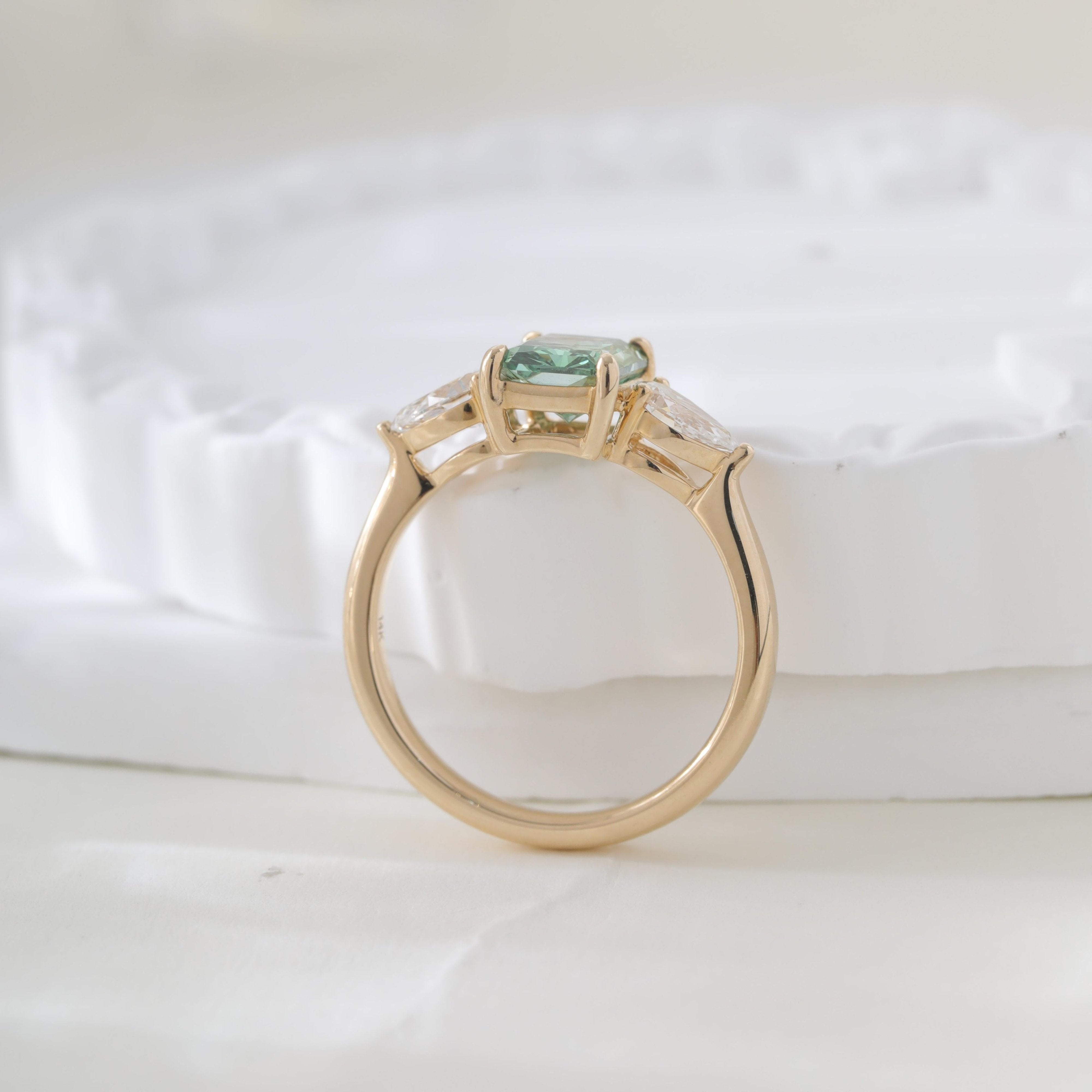 14K Yellow Gold 1.53ct Radiant Cut Green Lab Diamond Three Stone Ring - MMR