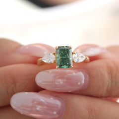 14K Yellow Gold 1.53ct Radiant Cut Green Lab Diamond Three Stone Ring - MMR