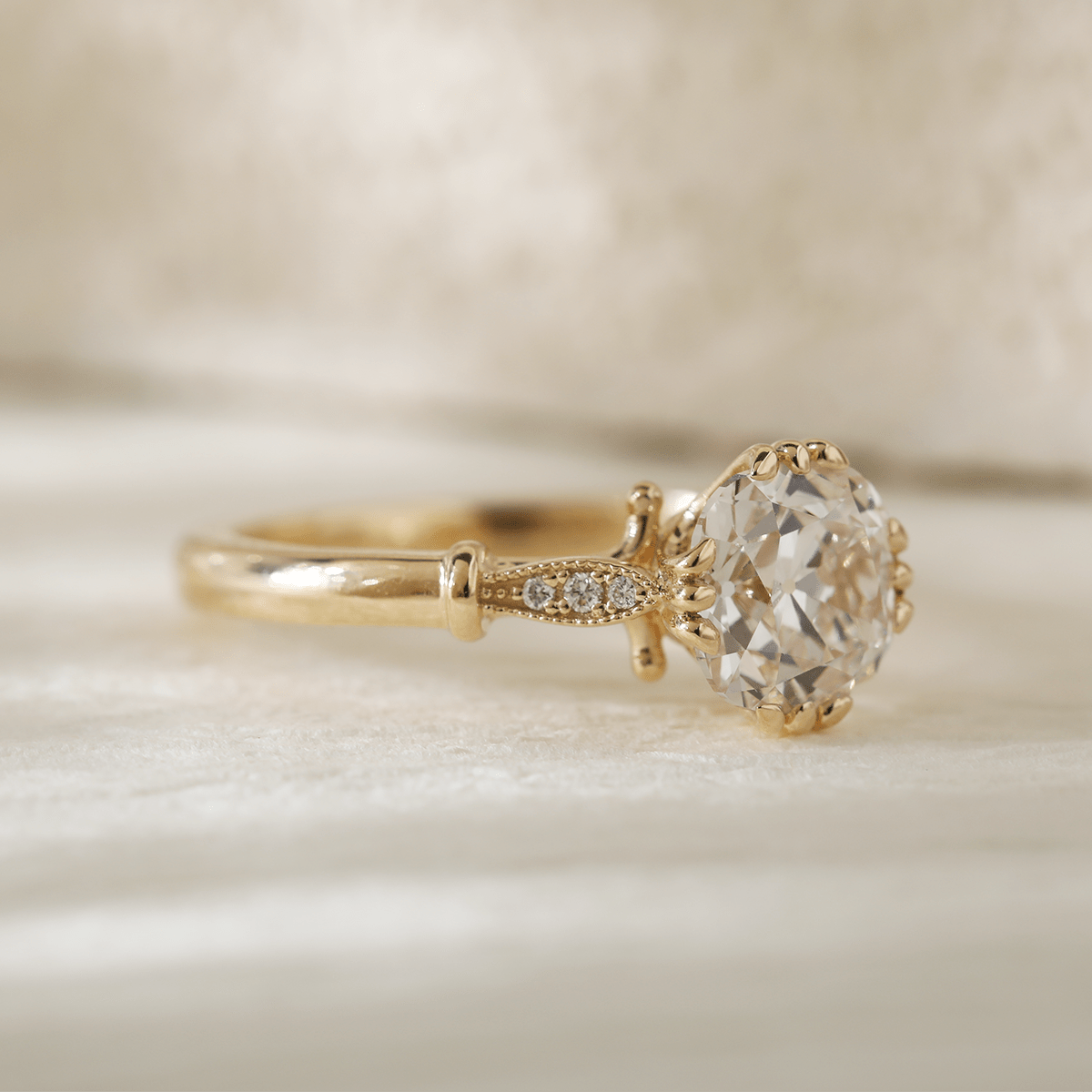 14K Yellow Gold 1.5ct Old Mine Cut Lab Grown Diamond Triple Prong Floral Basket Setting Vintage Ring – Art Nouveau Nature - Inspired Design - MMR