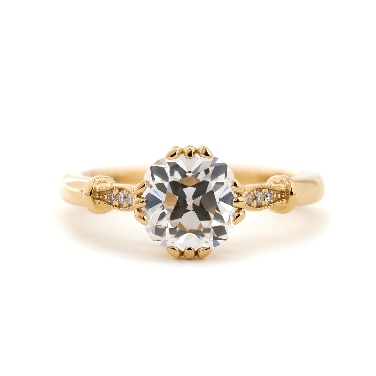 14K Yellow Gold 1.5ct Old Mine Cut Lab Grown Diamond Triple Prong Floral Basket Setting Vintage Ring – Art Nouveau Nature - Inspired Design - MMR