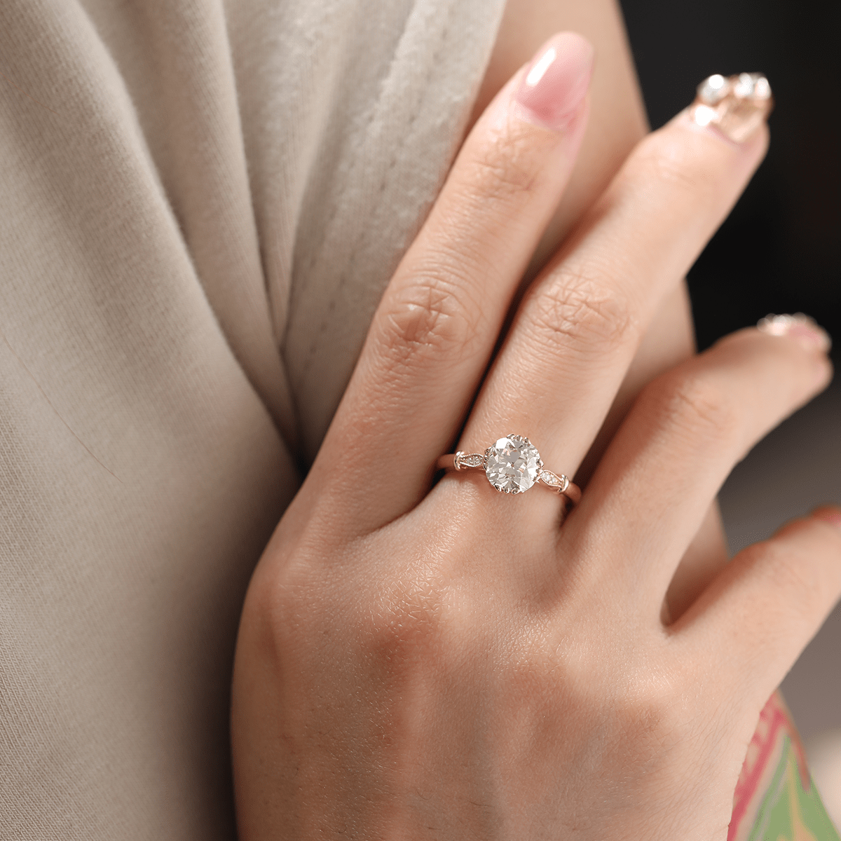 14K Yellow Gold 1.5ct Old Mine Cut Lab Grown Diamond Triple Prong Floral Basket Setting Vintage Ring – Art Nouveau Nature - Inspired Design - MMR