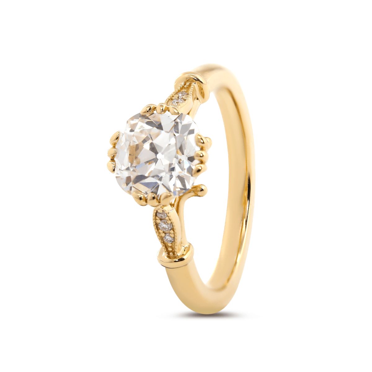 14K Yellow Gold 1.5ct Old Mine Cut Lab Grown Diamond Triple Prong Floral Basket Setting Vintage Ring – Art Nouveau Nature - Inspired Design - MMR