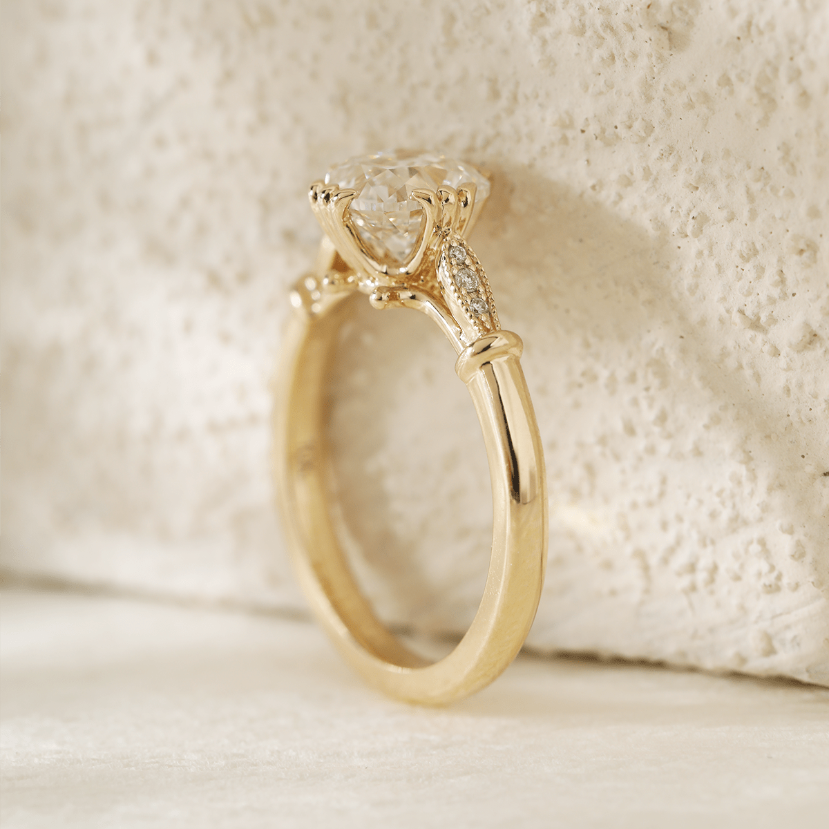 14K Yellow Gold 1.5ct Old Mine Cut Lab Grown Diamond Triple Prong Floral Basket Setting Vintage Ring – Art Nouveau Nature - Inspired Design - MMR