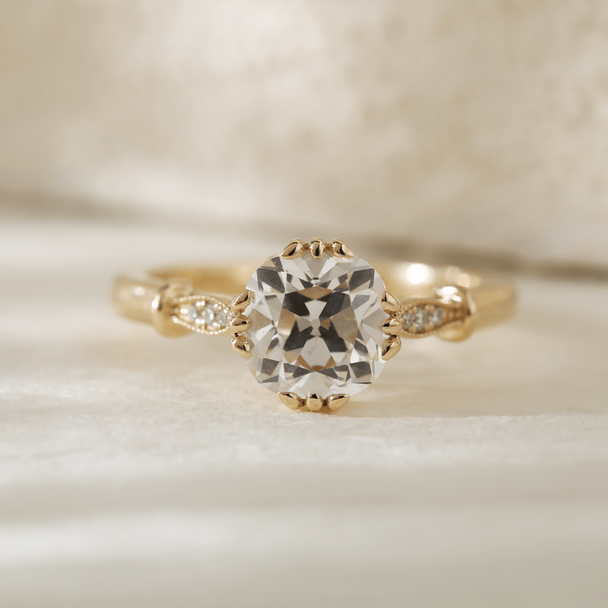 14K Yellow Gold 1.5ct Old Mine Cut Lab Grown Diamond Triple Prong Floral Basket Setting Vintage Ring – Art Nouveau Nature - Inspired Design - MMR