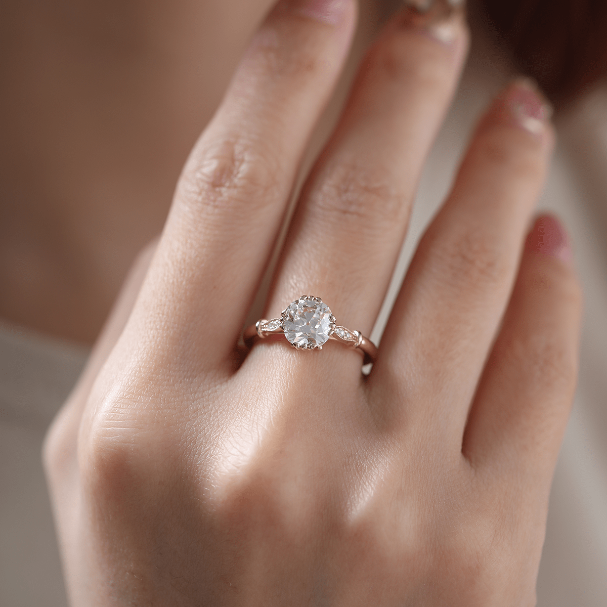 14K Yellow Gold 1.5ct Old Mine Cut Lab Grown Diamond Triple Prong Floral Basket Setting Vintage Ring – Art Nouveau Nature - Inspired Design - MMR