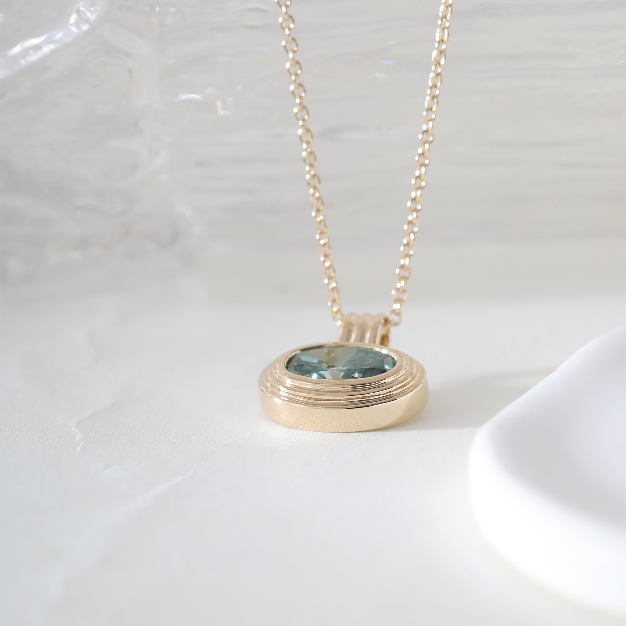 14K Yellow Gold 1.61CT Green Oval Cut Diamond Bezel Set Pendant - MMR