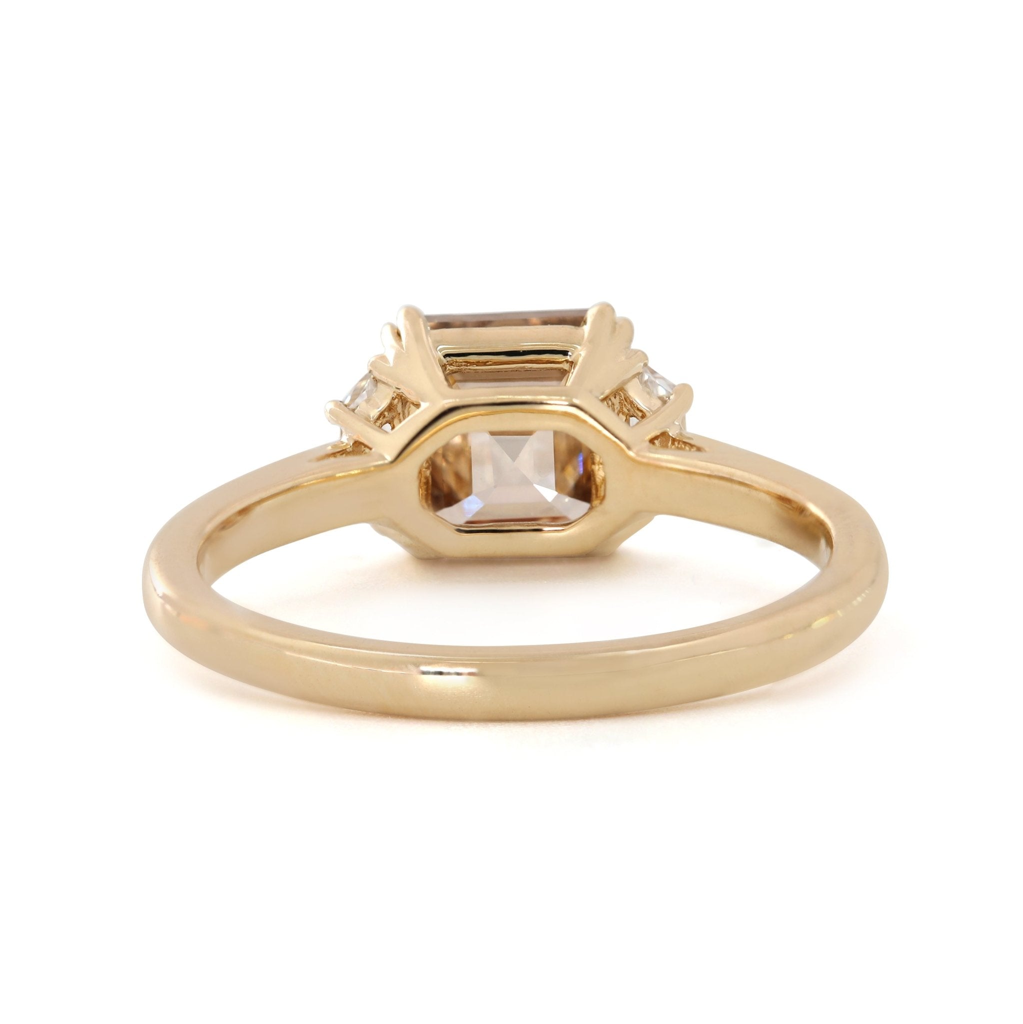 14K Yellow Gold 1.74ct Asscher Cut Brown Lab Diamond Double Claw Prongs Three - stone Ring with Two Trapezoid Diamonds - MMR