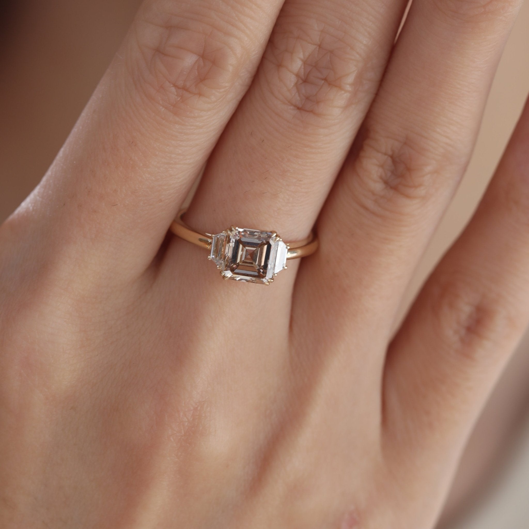 14K Yellow Gold 1.74ct Asscher Cut Brown Lab Diamond Double Claw Prongs Three - stone Ring with Two Trapezoid Diamonds - MMR