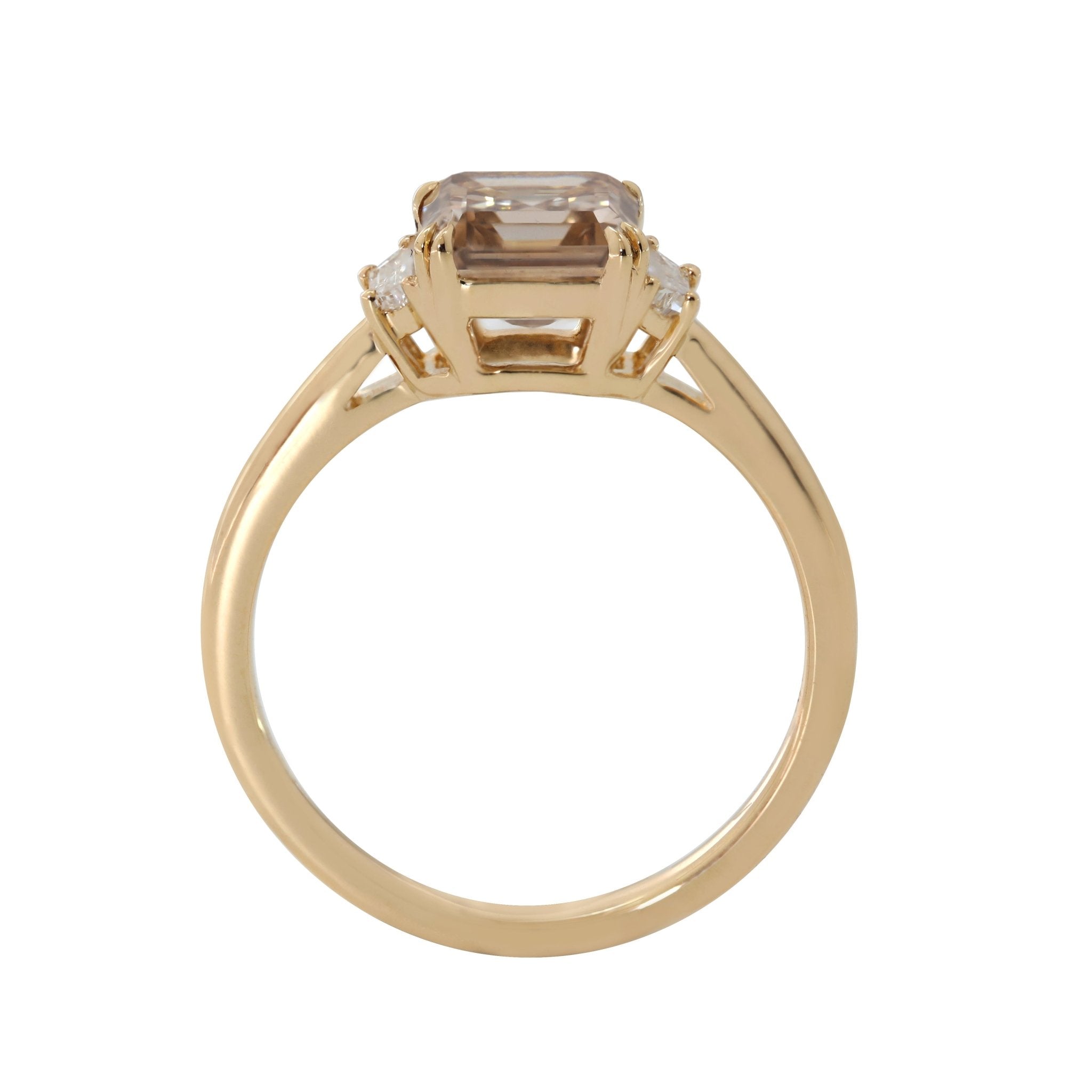 14K Yellow Gold 1.74ct Asscher Cut Brown Lab Diamond Double Claw Prongs Three - stone Ring with Two Trapezoid Diamonds - MMR