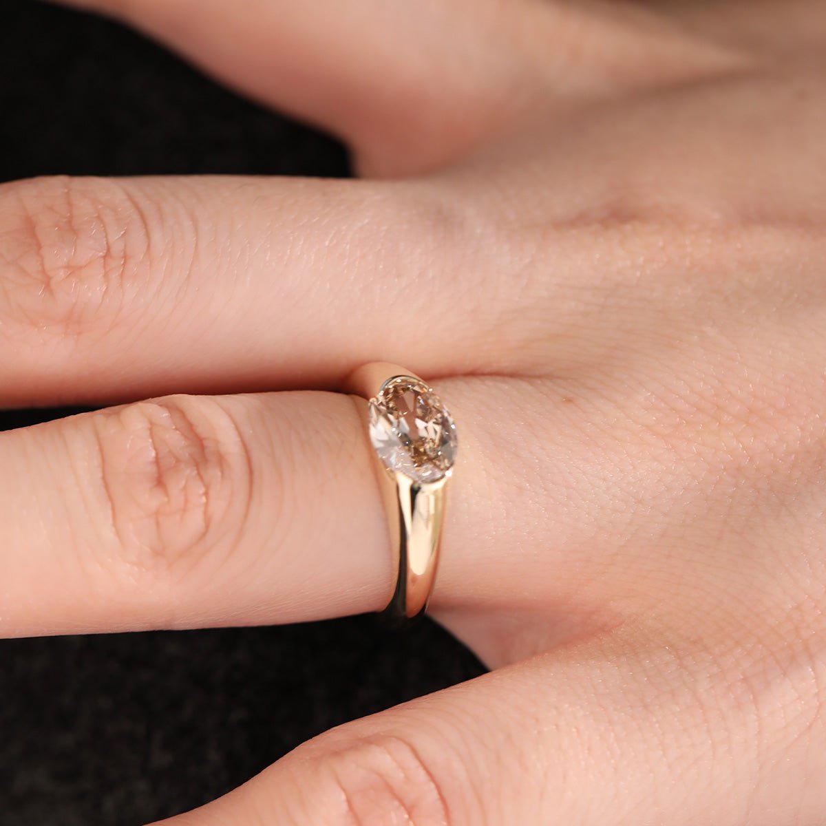 14K Yellow Gold 1.7ct Oval Champagne Color Old Mine Cut Lab Diamond Solitaire Hale Bezel Ring - MMR