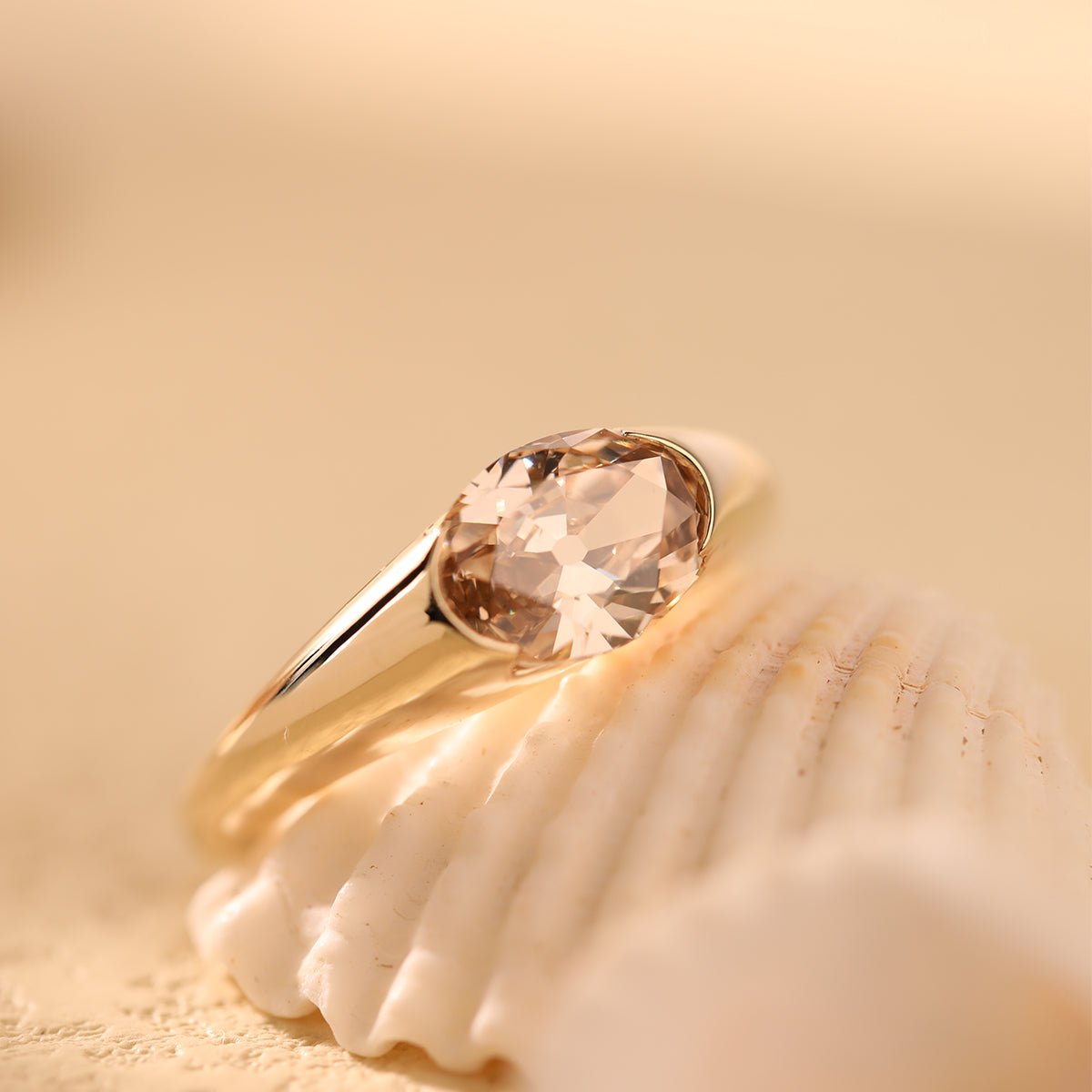 14K Yellow Gold 1.7ct Oval Champagne Color Old Mine Cut Lab Diamond Solitaire Hale Bezel Ring - MMR