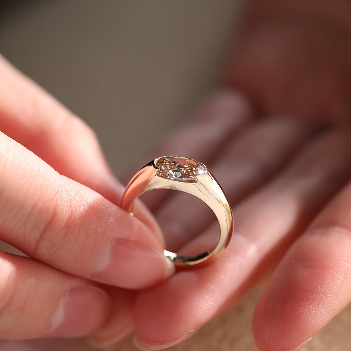 14K Yellow Gold 1.7ct Oval Champagne Color Old Mine Cut Lab Diamond Solitaire Hale Bezel Ring - MMR