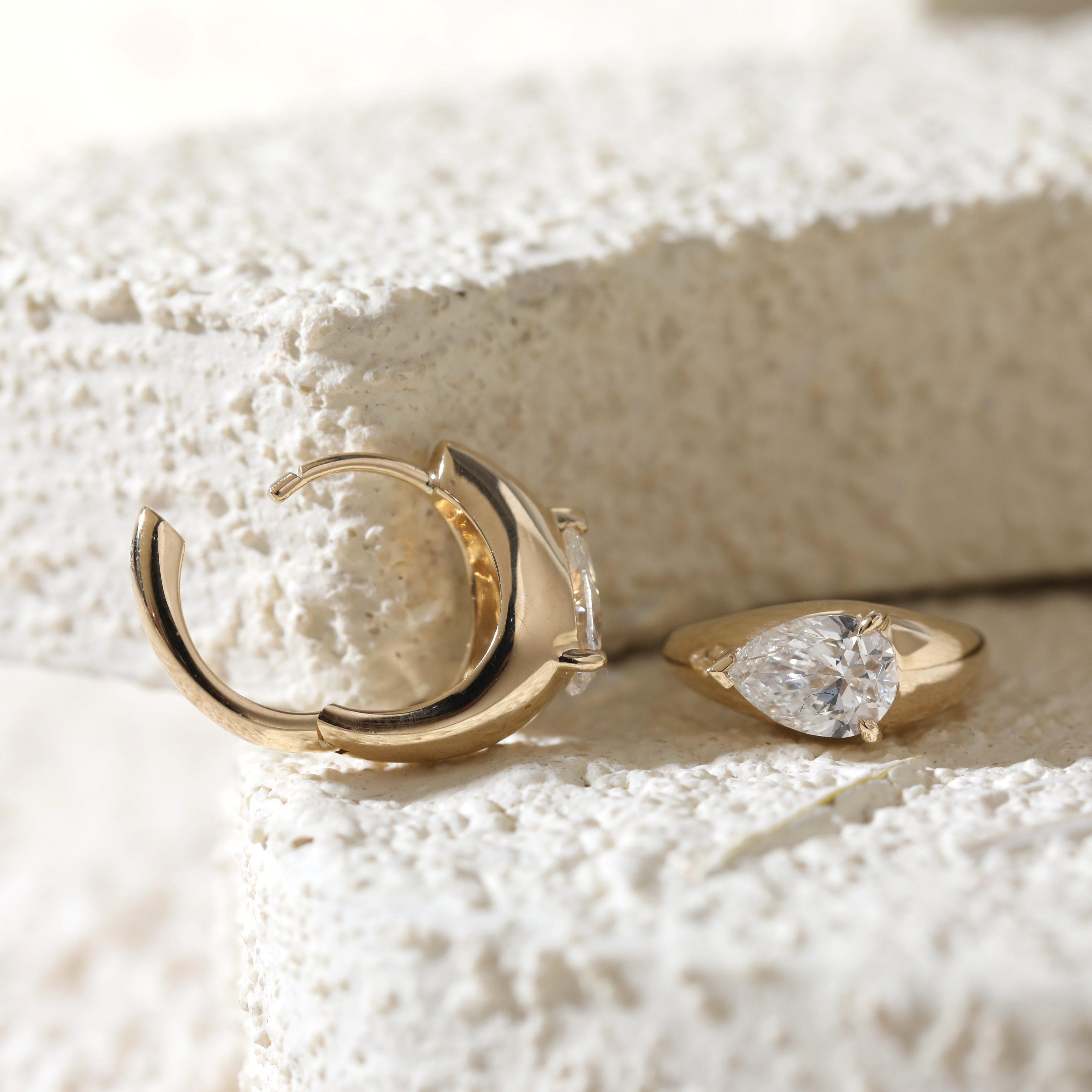 14K Yellow Gold 1ct tw Pear Lab Diamond Bezel Huggie Earrings - MMR