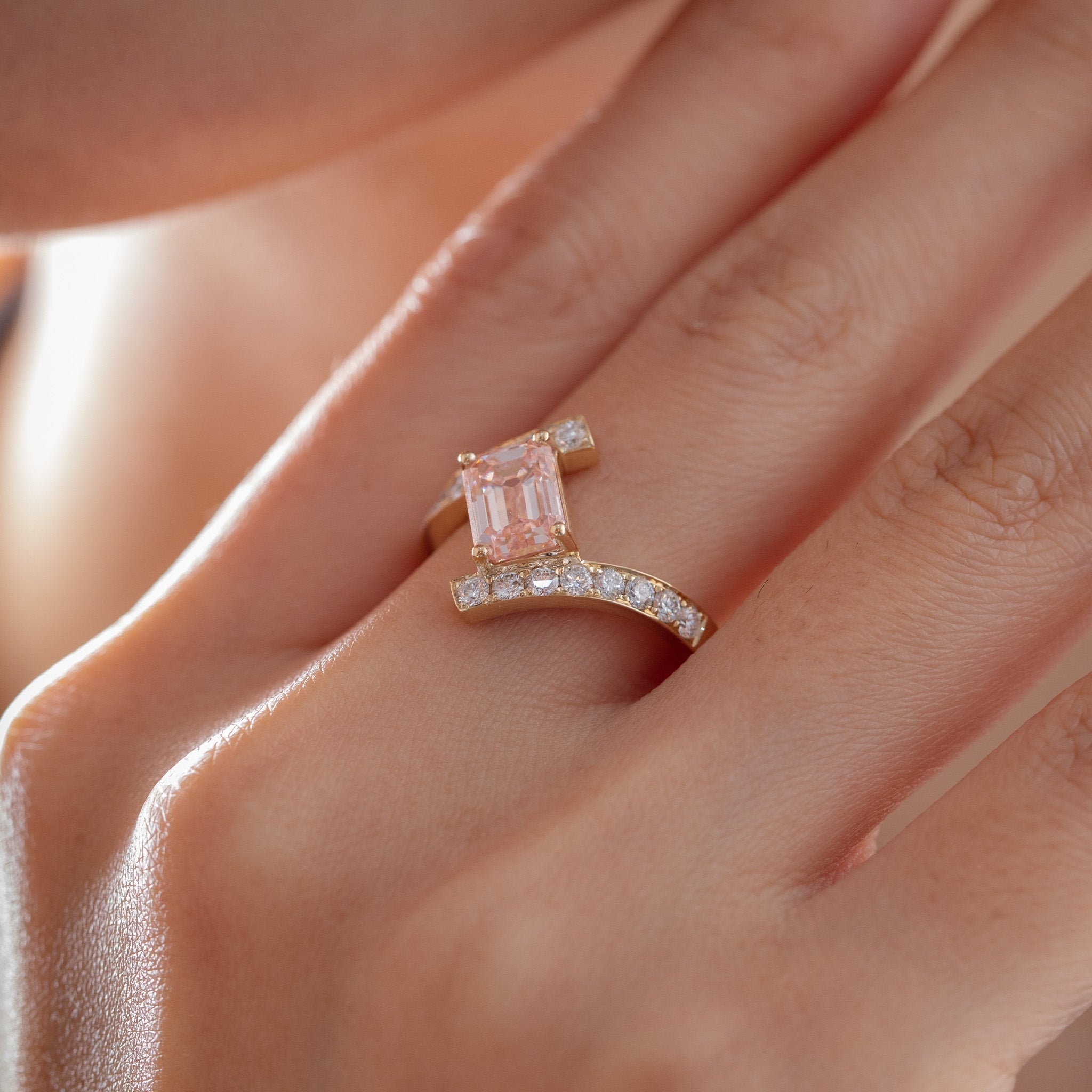 14K Yellow Gold 2.06CT Emerald - Cut Lab Pink Diamond Bypass Design Ring - MMR