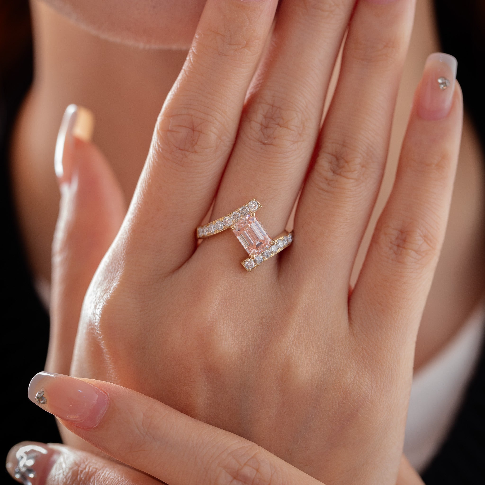 14K Yellow Gold 2.06CT Emerald - Cut Lab Pink Diamond Bypass Design Ring - MMR