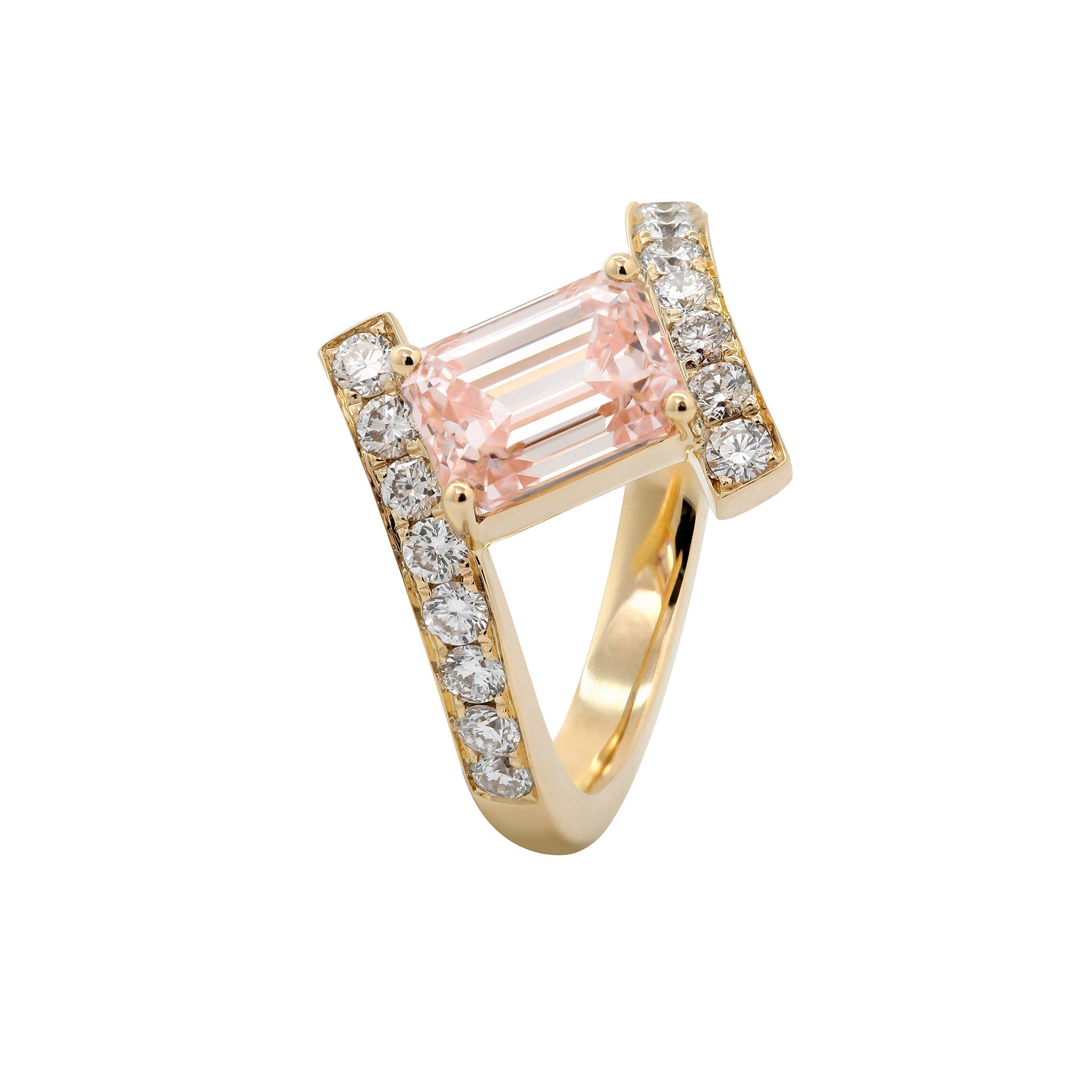 14K Yellow Gold 2.06CT Emerald - Cut Lab Pink Diamond Bypass Design Ring - MMR