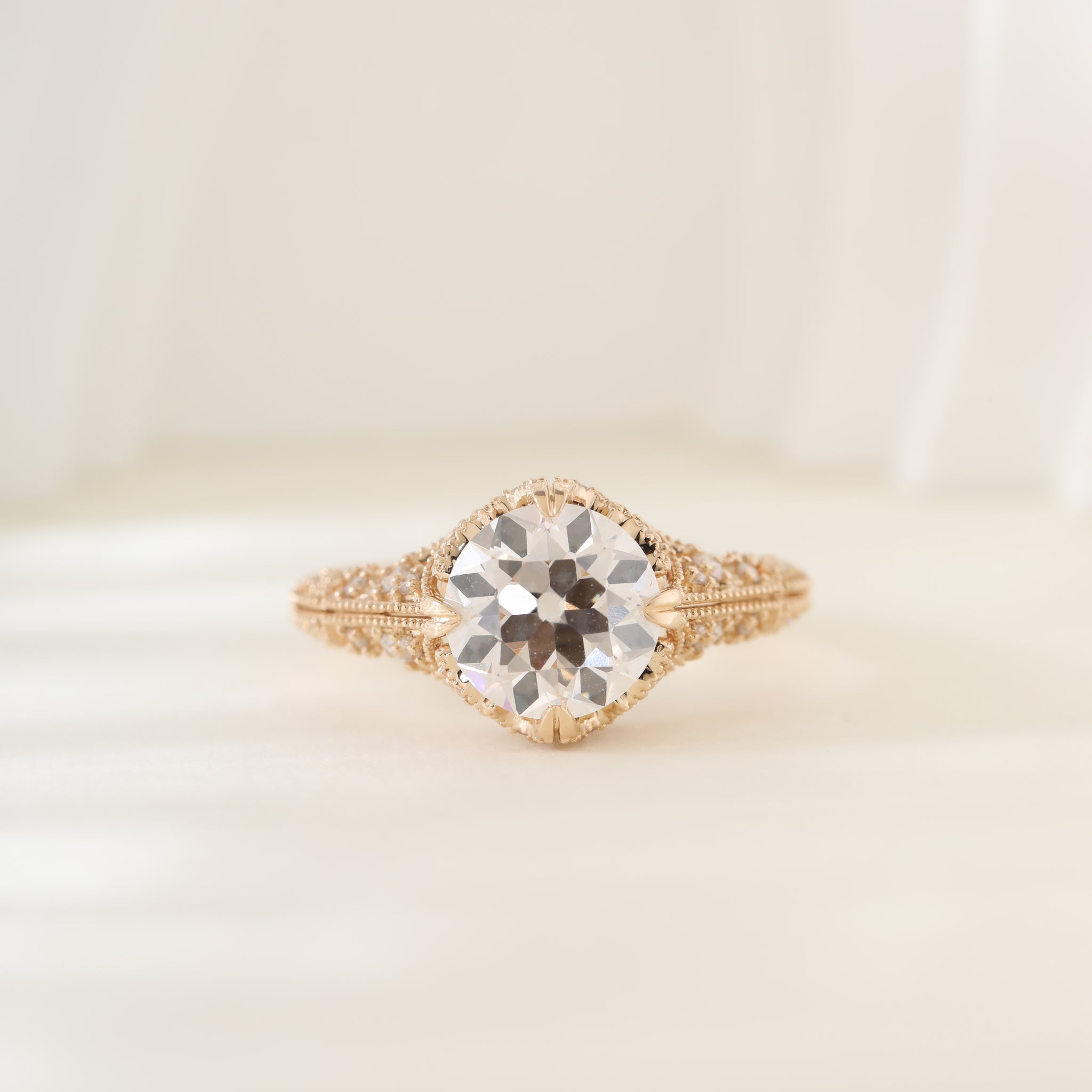 14K Yellow Gold 2.23CT Old European Cut Lab Diamond Hand - engraved Openwork Band Ring - MMR