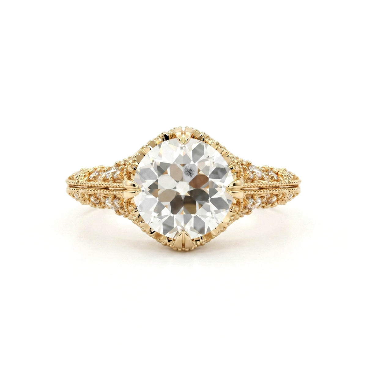 14K Yellow Gold 2.23CT Old European Cut Lab Diamond Hand - engraved Openwork Band Ring - MMR