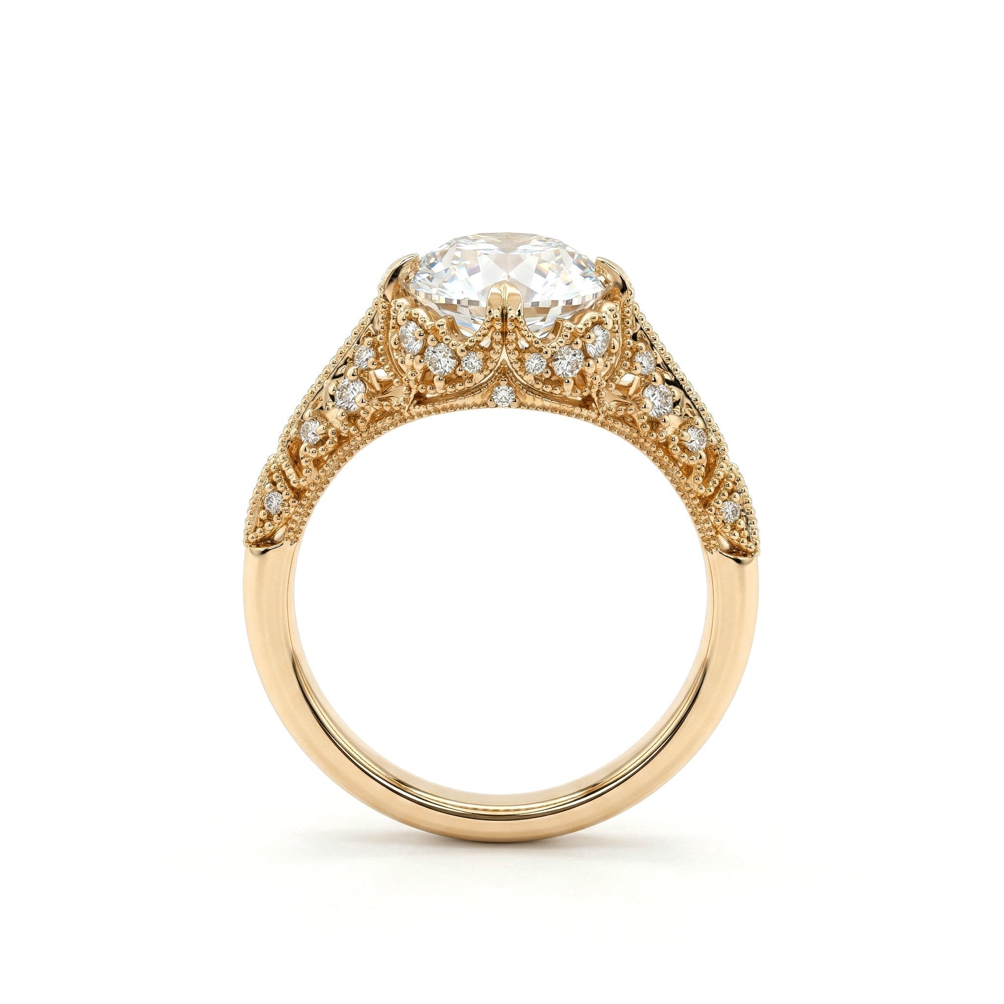 14K Yellow Gold 2.23CT Old European Cut Lab Diamond Hand - engraved Openwork Band Ring - MMR