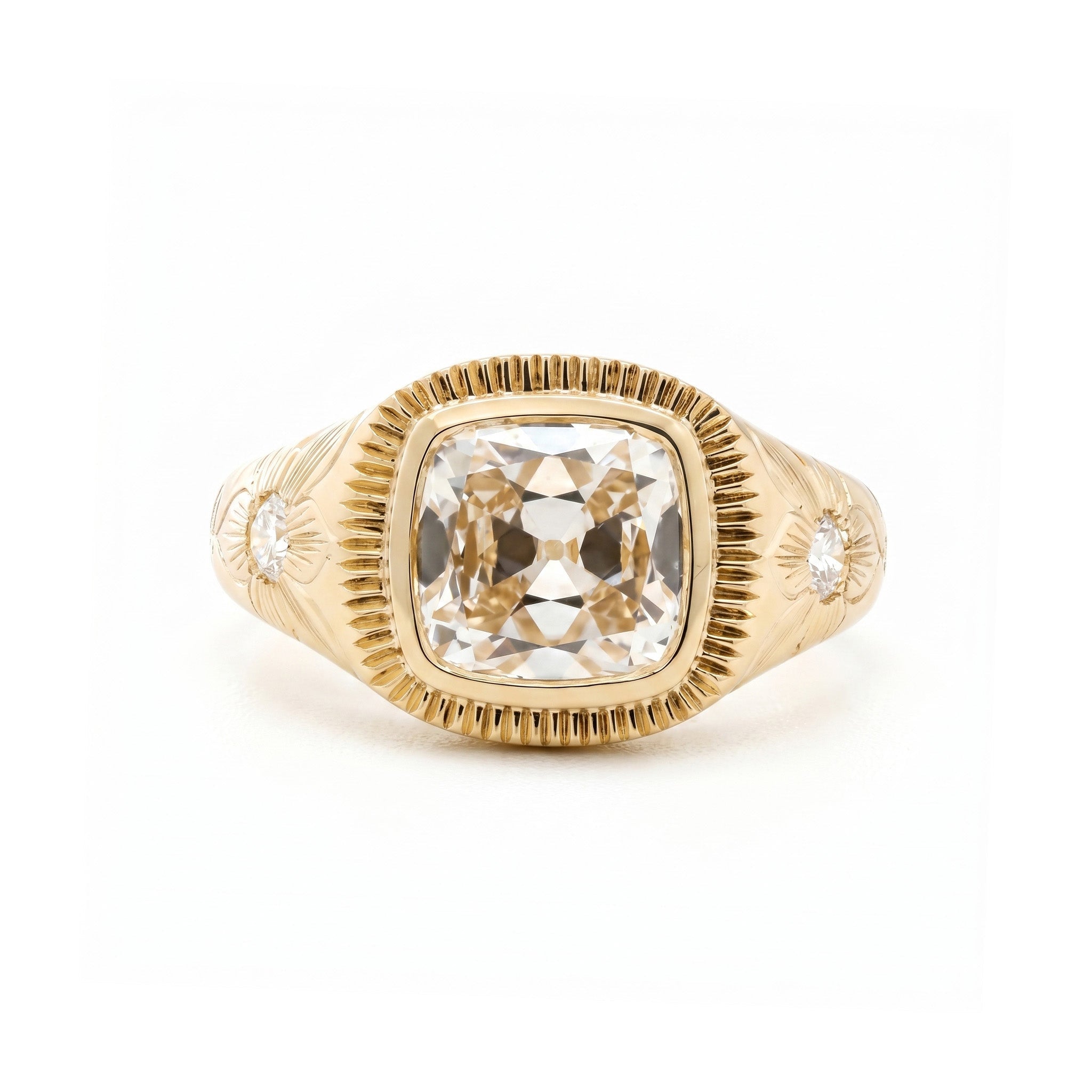 14K Yellow Gold 2.33CT Cushion Old Mine Cut Lab Diamond Hand - Engraved Flower Details Bezel Set Ring - MMR