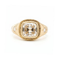 14K Yellow Gold 2.33CT Cushion Old Mine Cut Lab Diamond Hand - Engraved Flower Details Bezel Set Ring - MMR