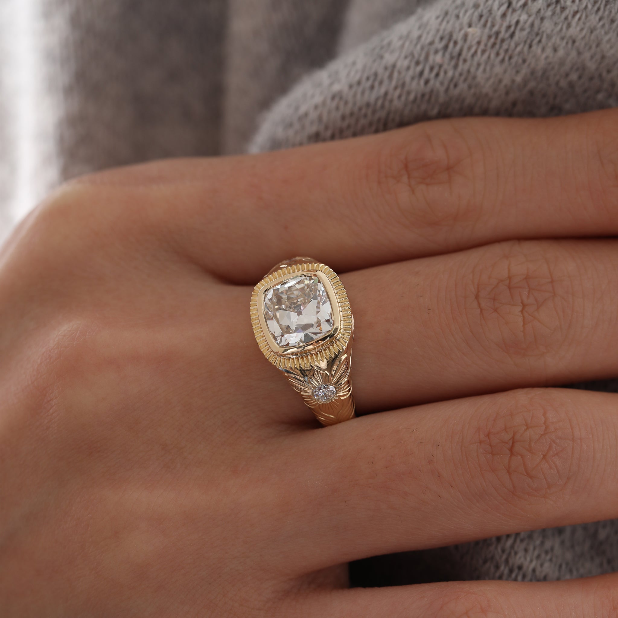 14K Yellow Gold 2.33CT Cushion Old Mine Cut Lab Diamond Hand - Engraved Flower Details Bezel Set Ring - MMR