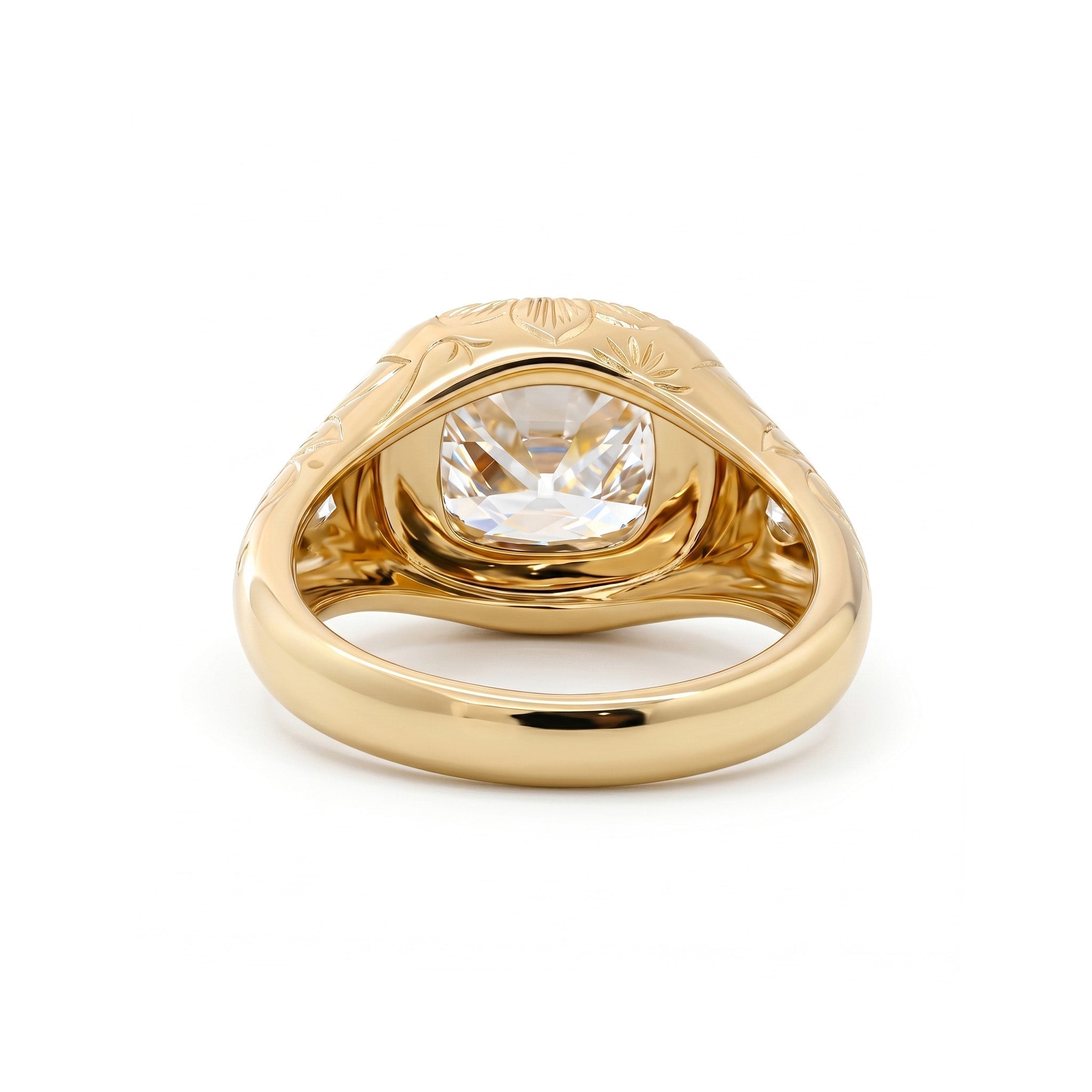 14K Yellow Gold 2.33CT Cushion Old Mine Cut Lab Diamond Hand - Engraved Flower Details Bezel Set Ring - MMR