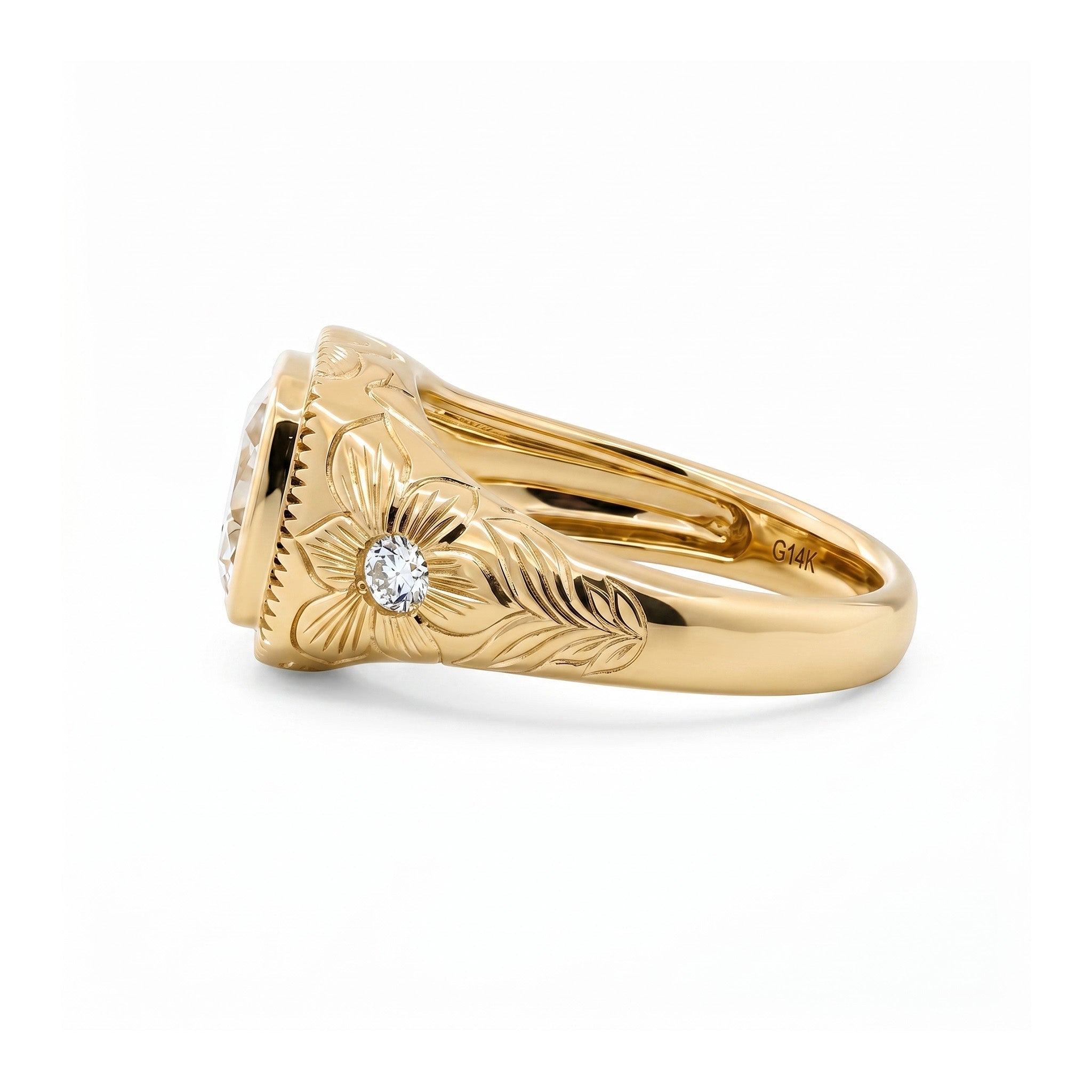 14K Yellow Gold 2.33CT Cushion Old Mine Cut Lab Diamond Hand - Engraved Flower Details Bezel Set Ring - MMR