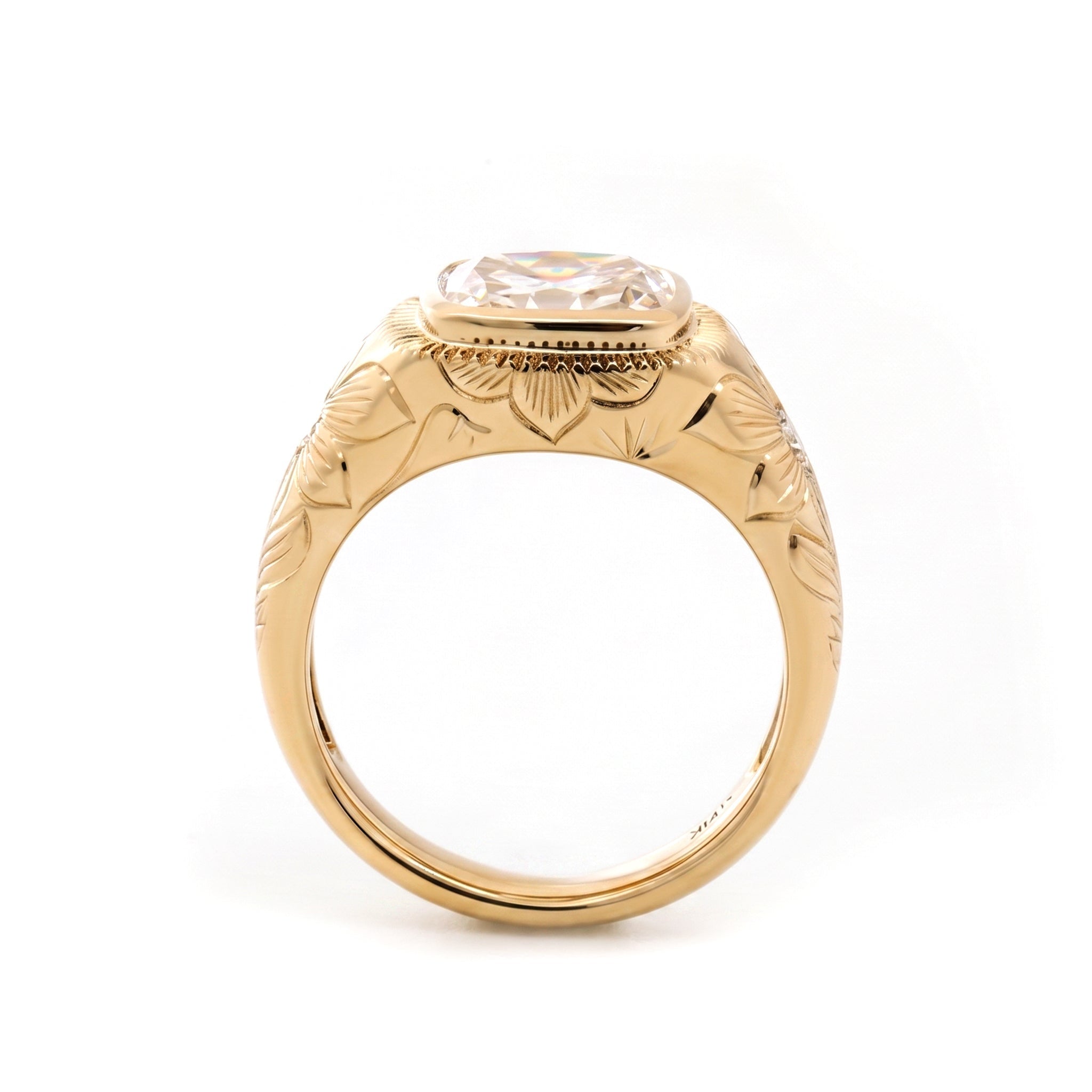 14K Yellow Gold 2.33CT Cushion Old Mine Cut Lab Diamond Hand - Engraved Flower Details Bezel Set Ring - MMR