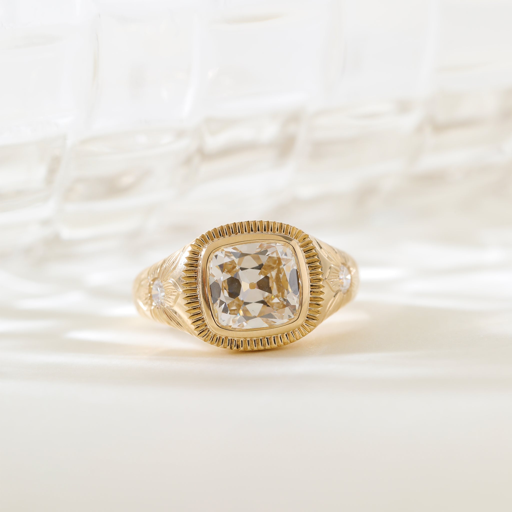 14K Yellow Gold 2.33CT Cushion Old Mine Cut Lab Diamond Hand - Engraved Flower Details Bezel Set Ring - MMR